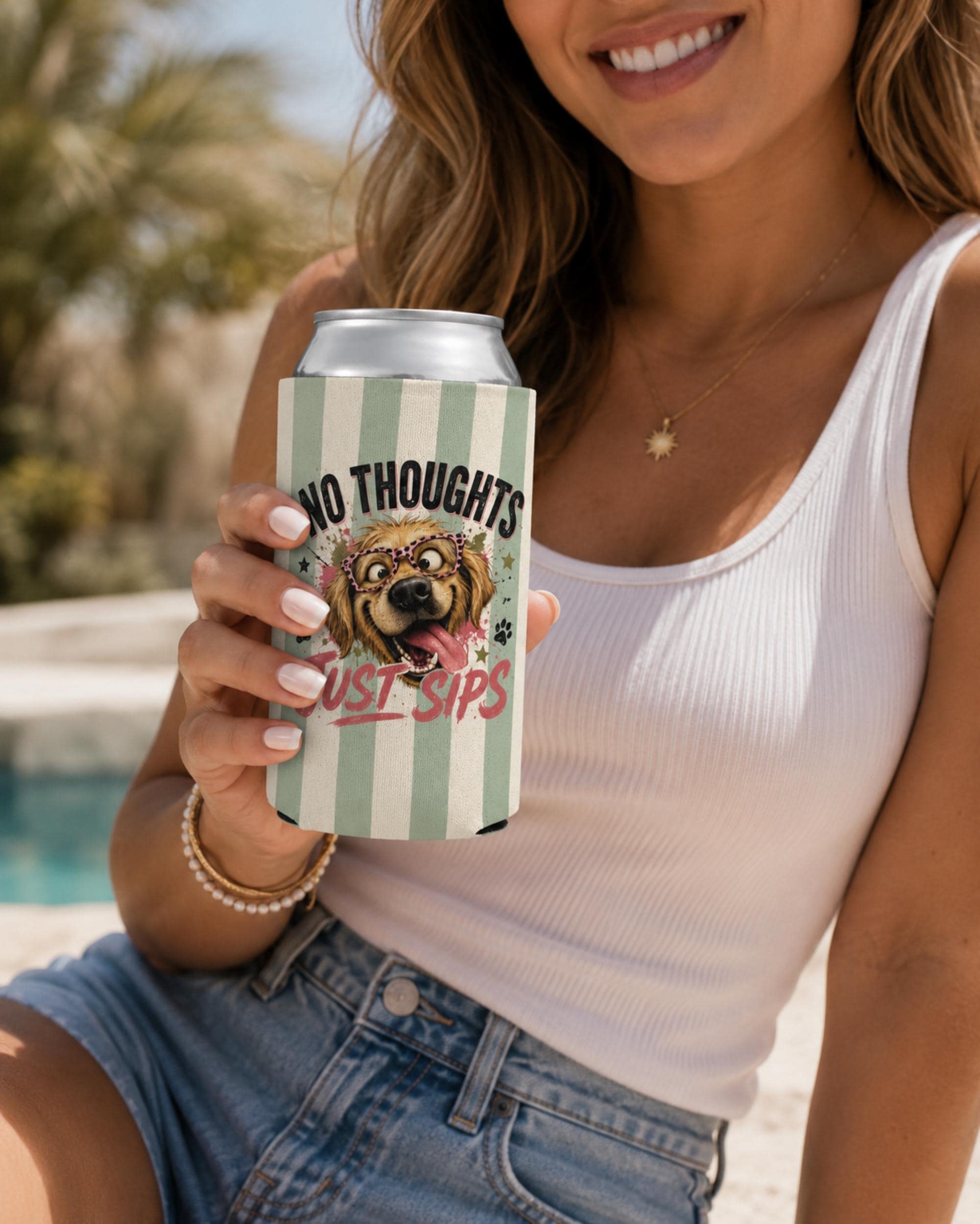 Funny dog slim can cooler with “No Thoughts Just Sips” design, shown in regular and slim sizes for summer drinks.