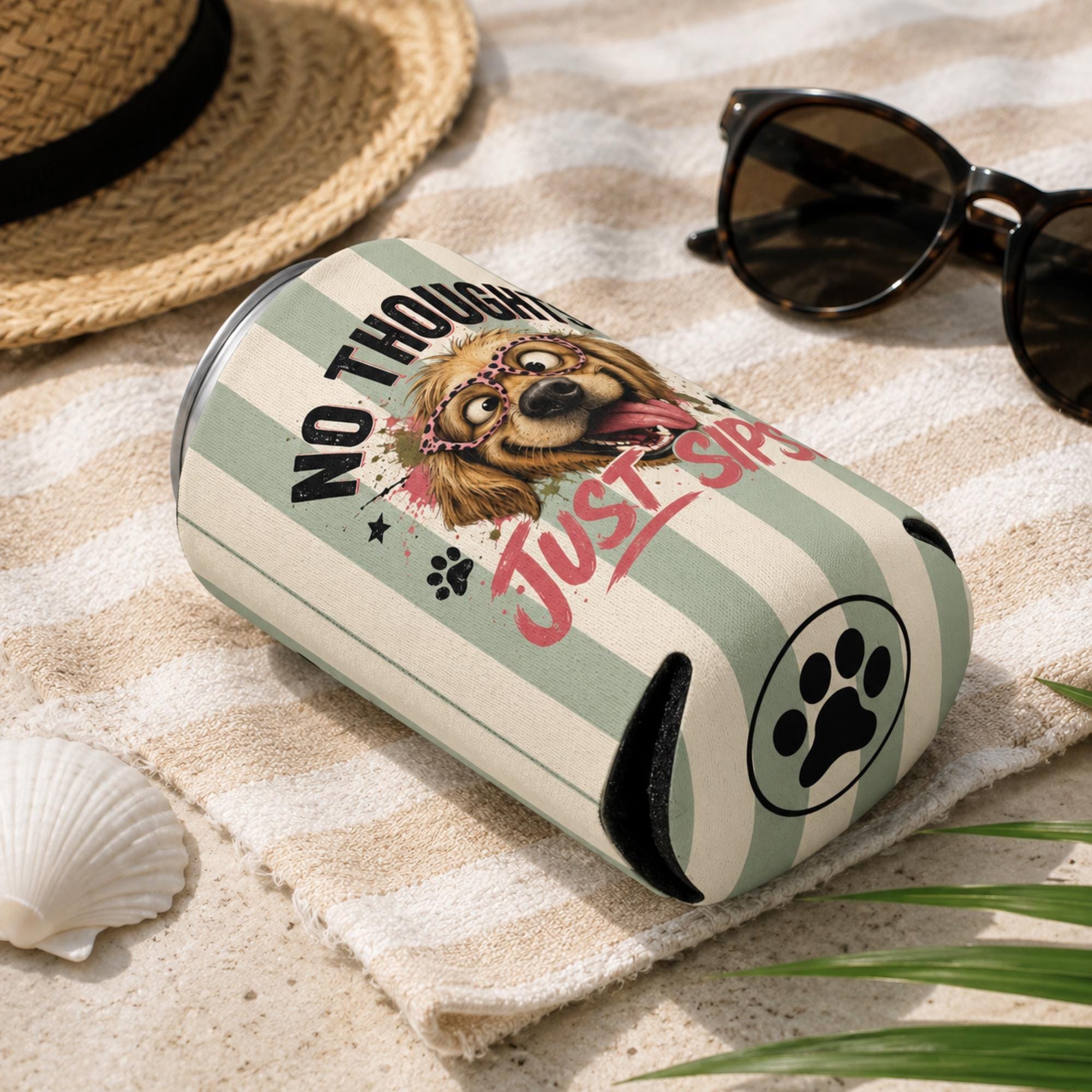 Funny dog reg can cooler lying down on a towel with “No Thoughts Just Sips” design, shown in regular and slim sizes for summer drinks.