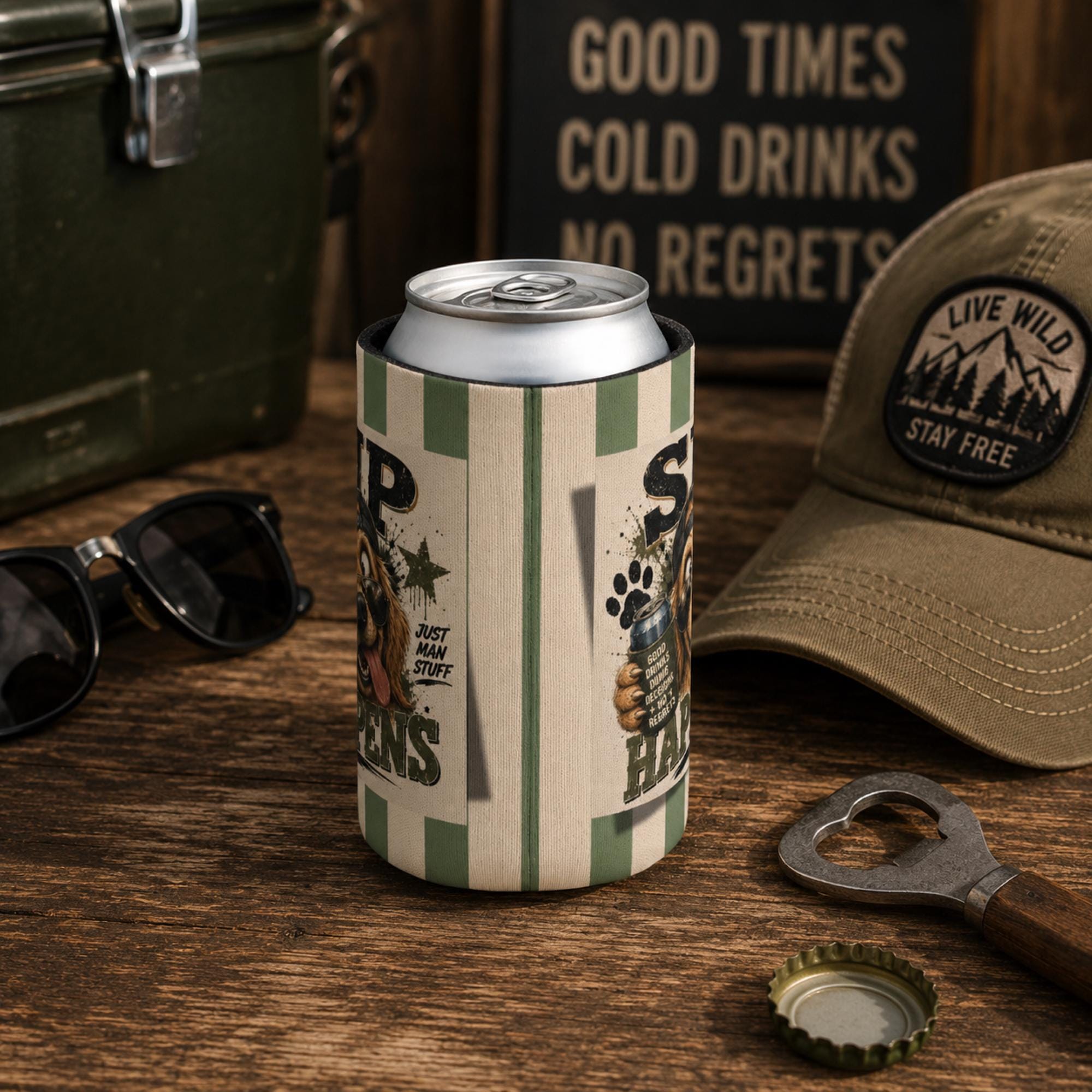 Regular insulated drink sleeve featuring Sip Happens design with green striped background.