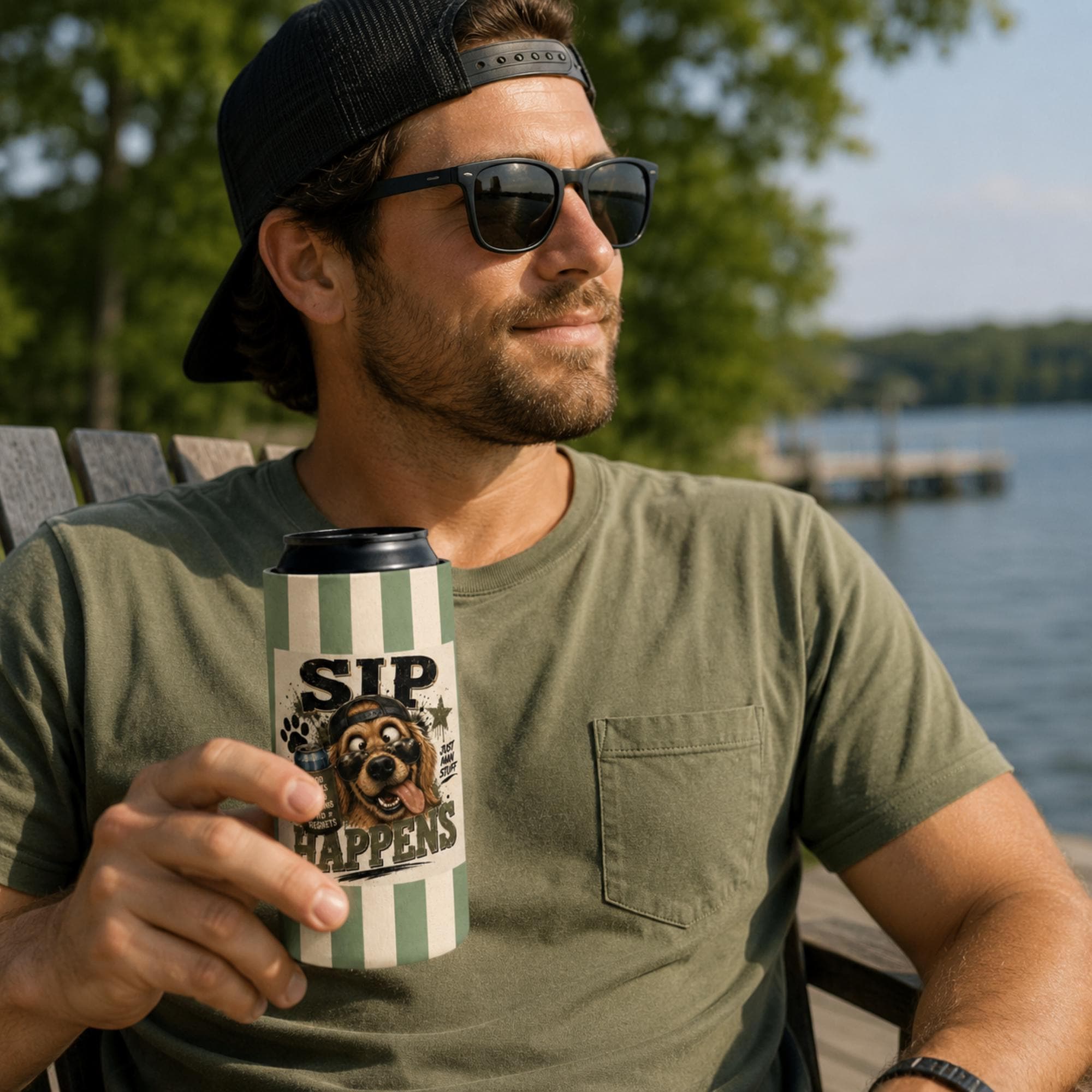 Funny camping drink insulator with playful dog holding a beverage can.