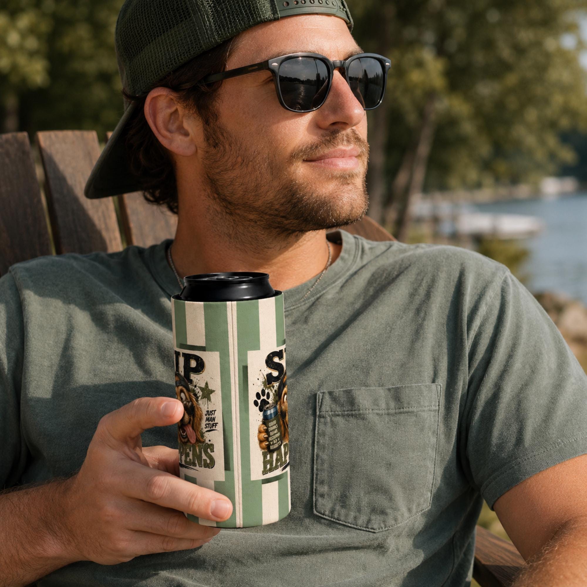 Funny men's drink koozie with retro artwork and humorous Sip Happens quote.