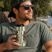 Funny men's drink koozie with retro artwork and humorous Sip Happens quote.