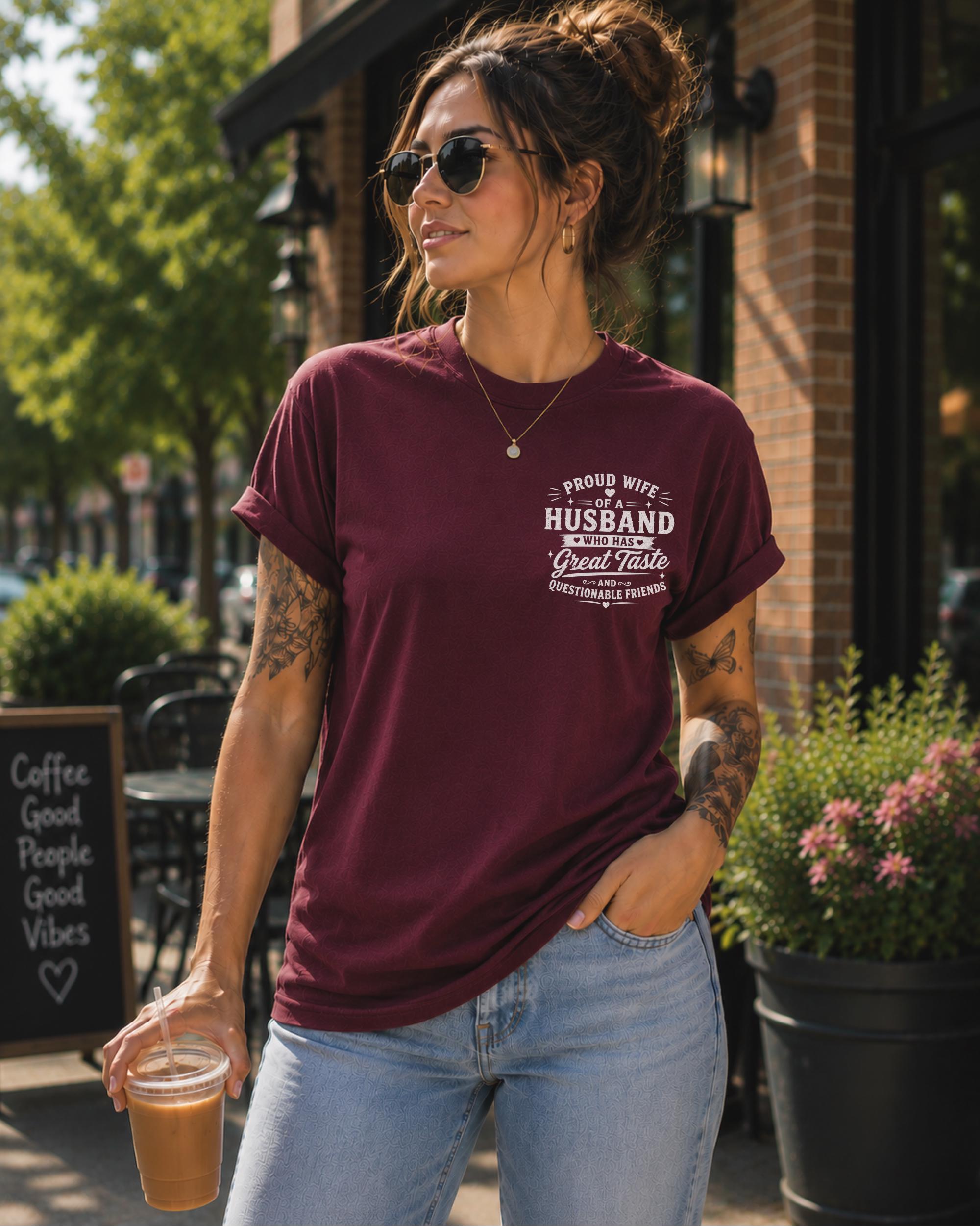 Front and back graphic tee for women with husband joke artwork