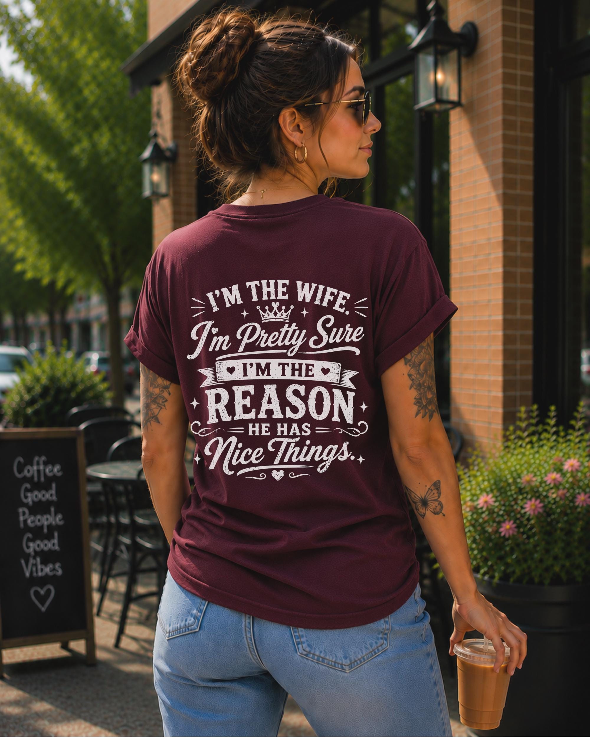 Front and back graphic tee for women with husband joke artwork