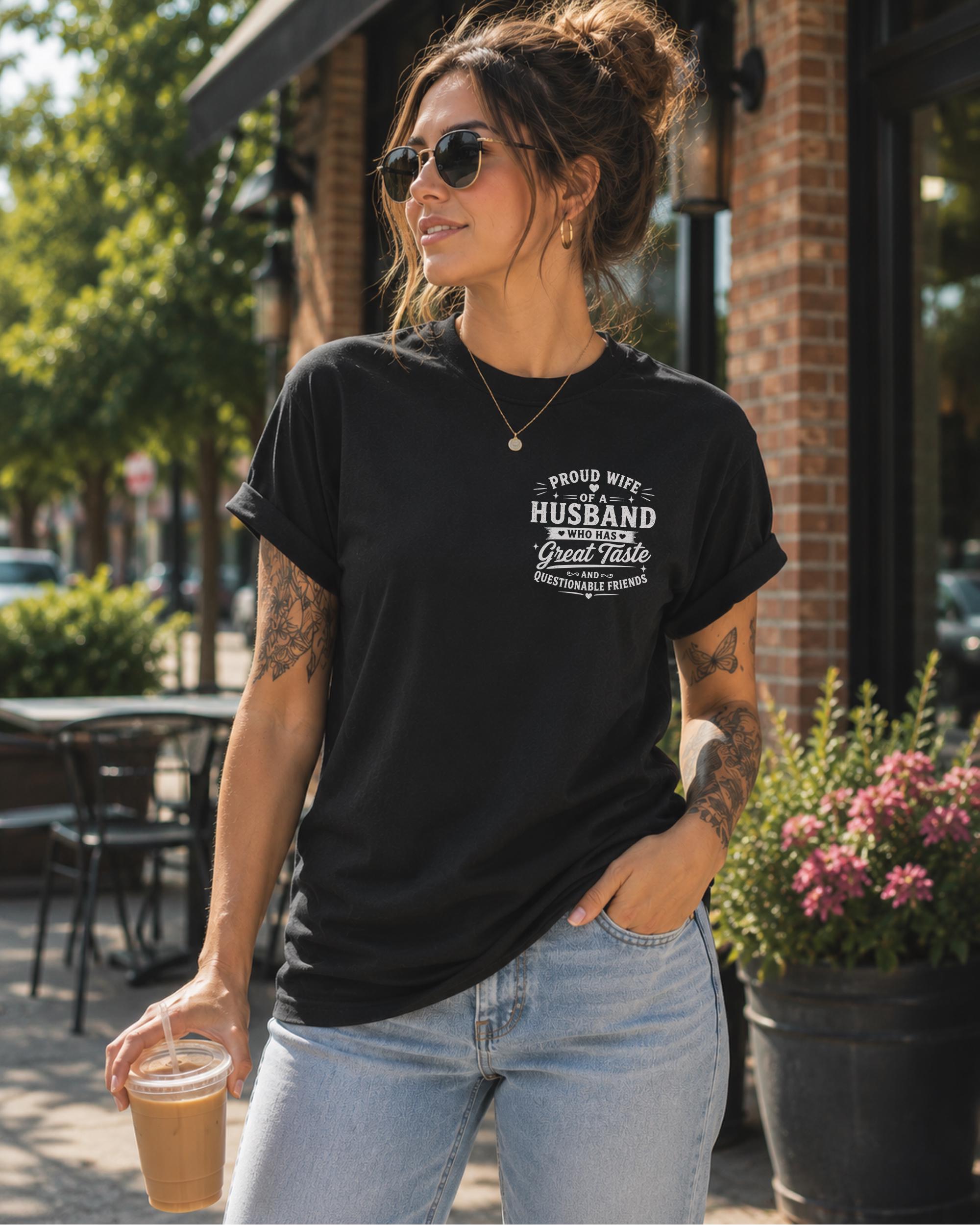 Proud Wife Shirt, Funny Marriage Tee, Husband Humor Gift, Front Back Graphic Top, Relationship Apparel, Spouse Joke Tee, Unisex Heavy Cotton