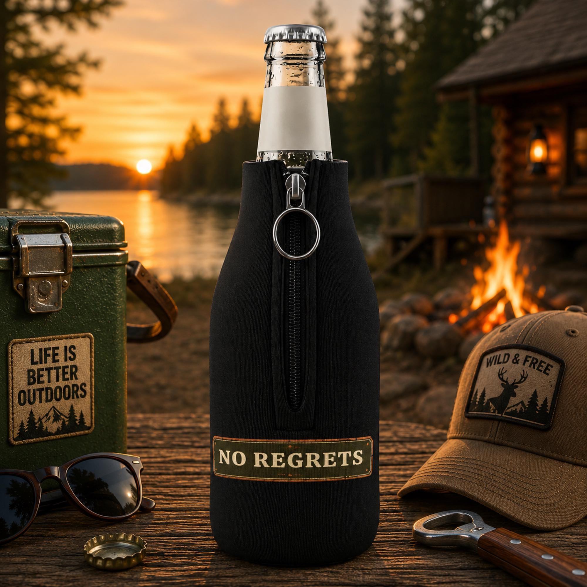 The back of the Vintage Buck Around & Find Out zip-up bottle cooler sleeve featuring a cool deer wearing sunglasses with a rustic hunting camp design on a black insulated bottle koozie.