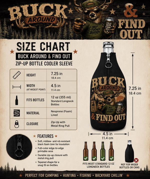Size chart for Vintage Buck Around & Find Out zip-up bottle cooler sleeve featuring a cool deer wearing sunglasses with a rustic hunting camp design on a black insulated bottle koozie.
