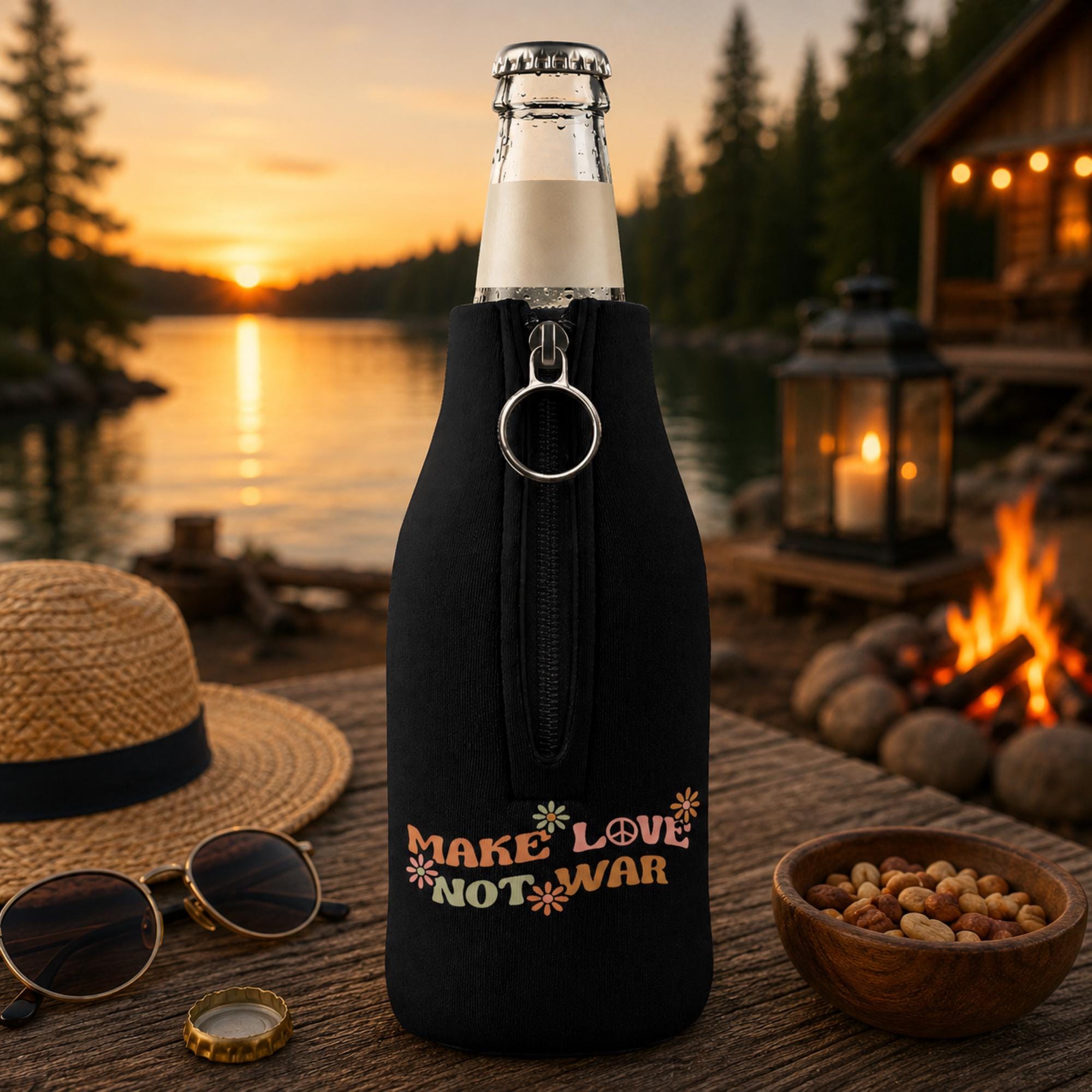 Groovy flower bottle koozie featuring colorful retro daisies and 70s-inspired typography.