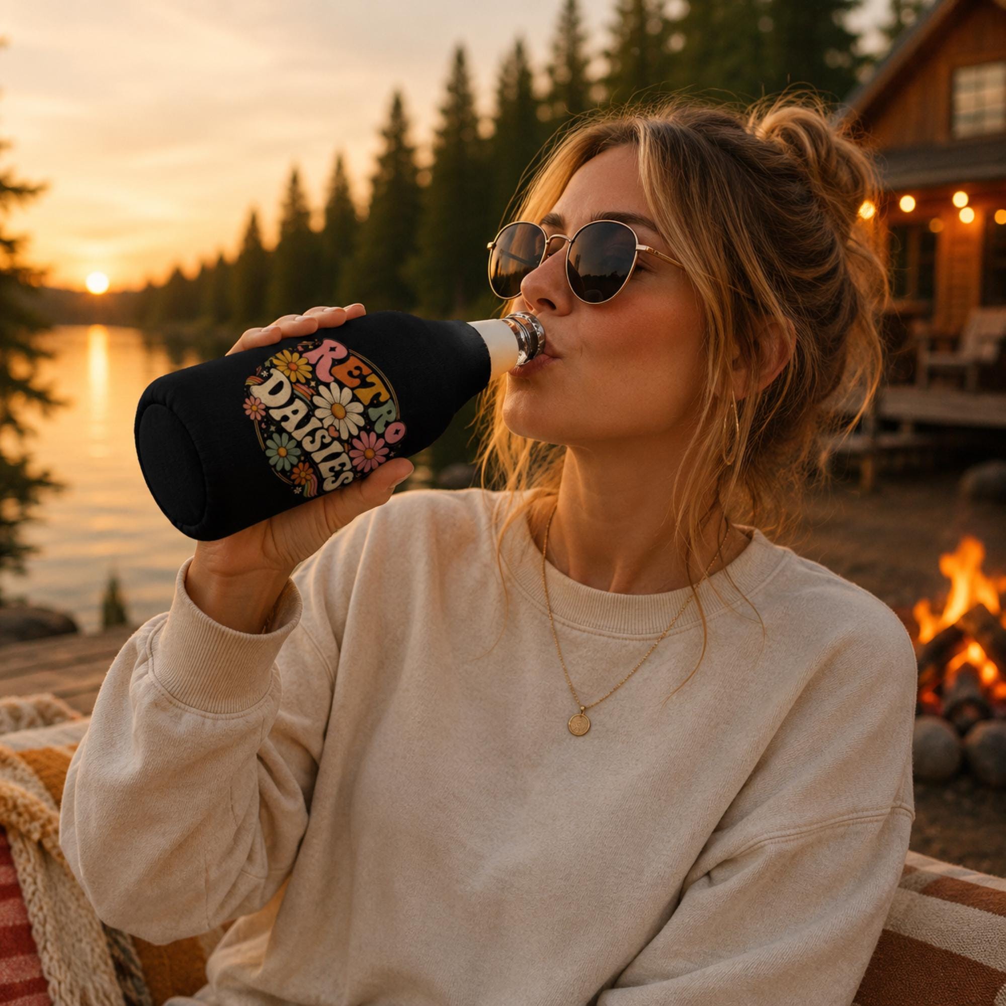 Retro floral drink sleeve keeping a glass bottle cold beside a cozy campfire.