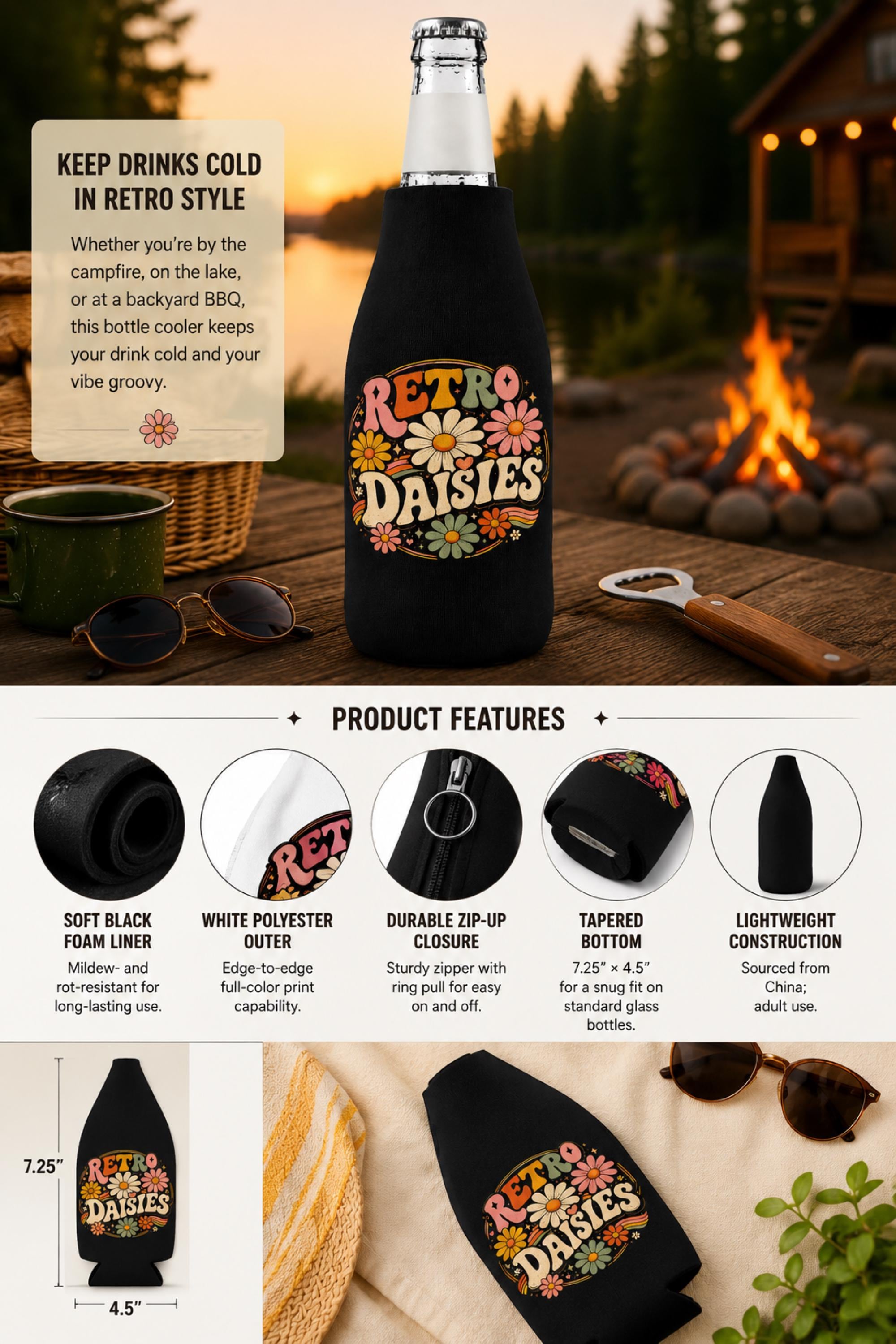 Size chart for a Cute flower power bottle koozie perfect for camping weekends and summer gatherings.