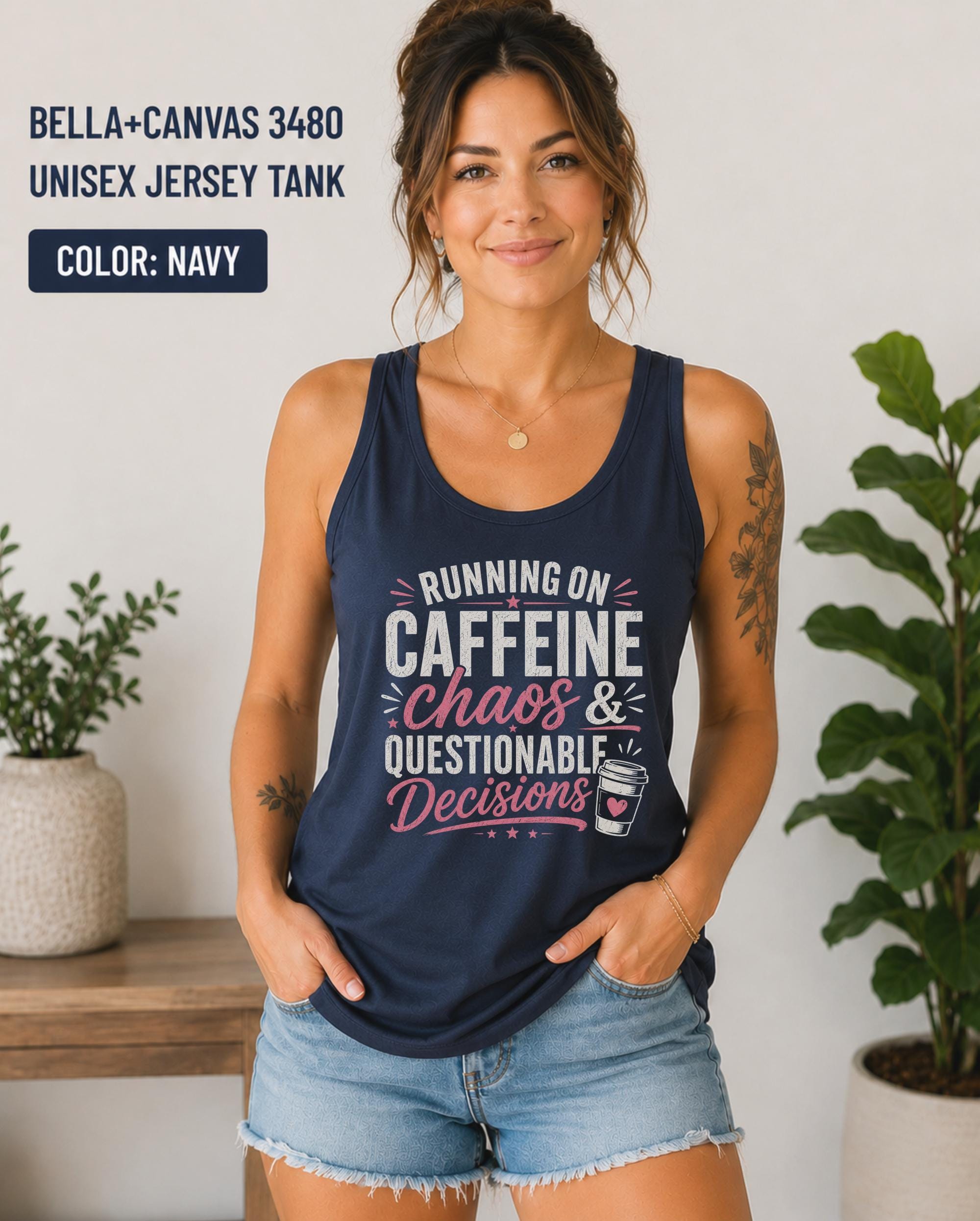 Woman wearing a navy Bella+Canvas 3480 unisex jersey tank featuring the funny "Running on Caffeine, Chaos & Questionable Decisions" graphic with coffee cup artwork.