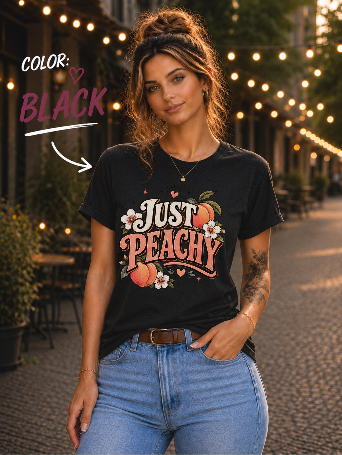 Just Peachy graphic t-shirt with peaches and flowers