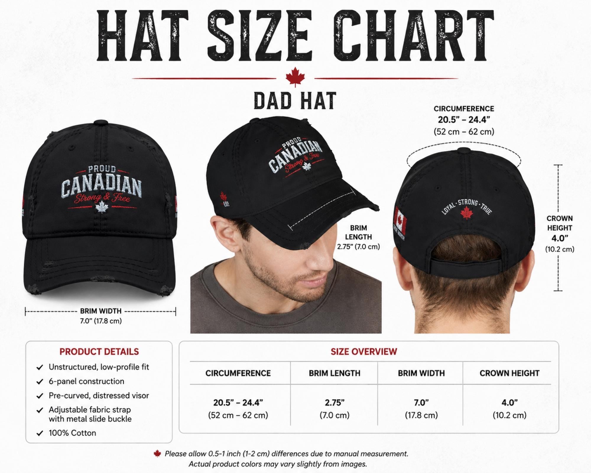 Size chart Black distressed embroidered dad hat featuring "Proud Canadian Strong & Free" on the front with maple leaf accents, Canadian flag embroidery on the side, and an EH! maple leaf detail in a rustic outdoor setting.