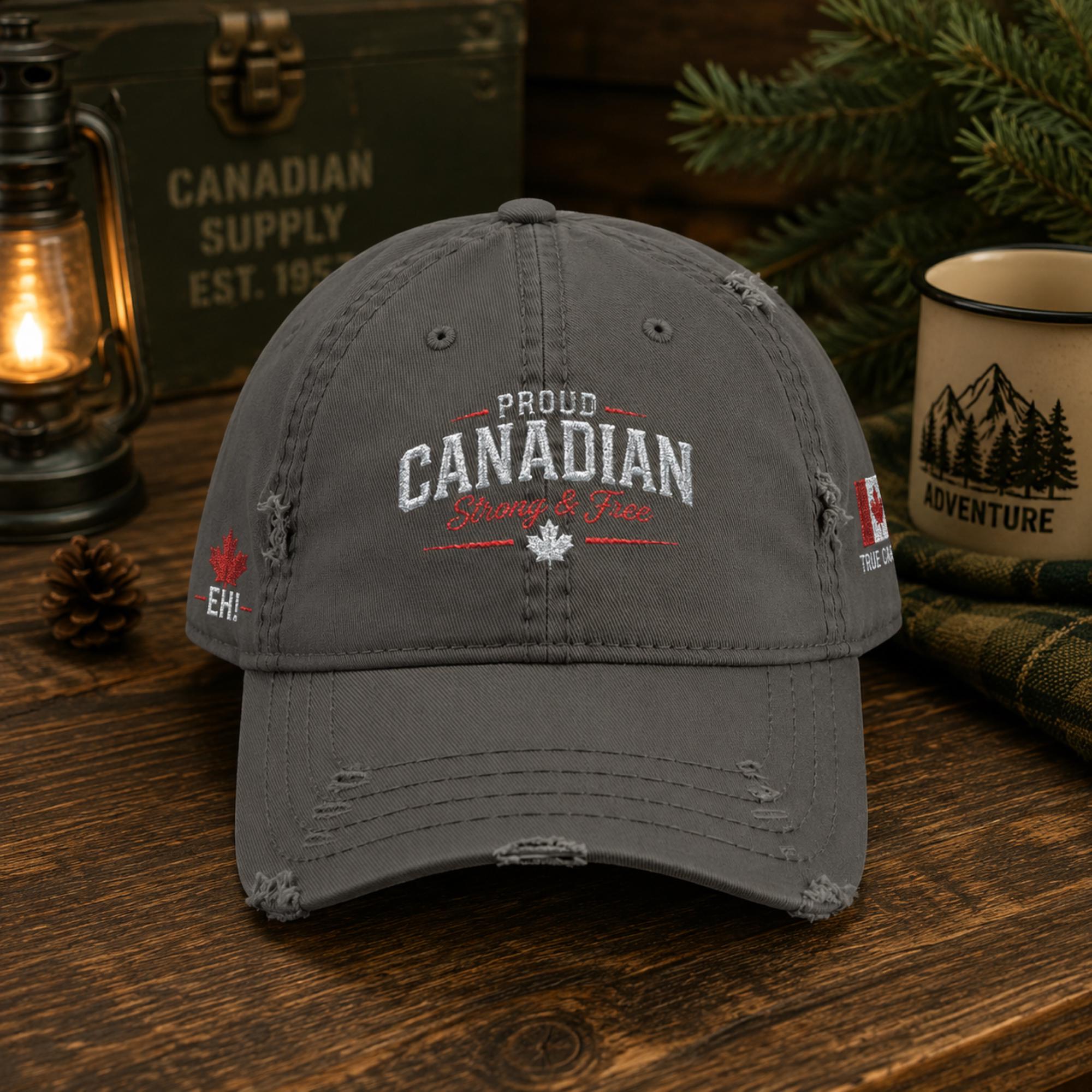 Charcoal distressed embroidered dad hat featuring "Proud Canadian Strong & Free" on the front with maple leaf accents, Canadian flag embroidery on the side, and an EH! maple leaf detail in a rustic outdoor setting.