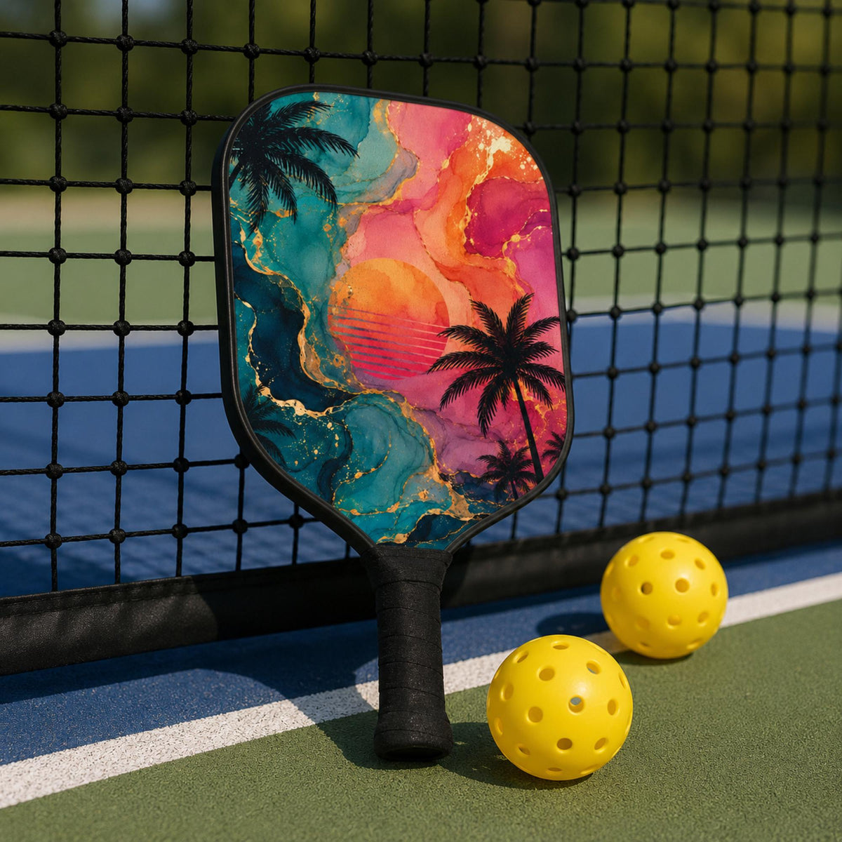 Tropical sunset pickleball paddle with colorful watercolor beach design and palm trees on outdoor court.