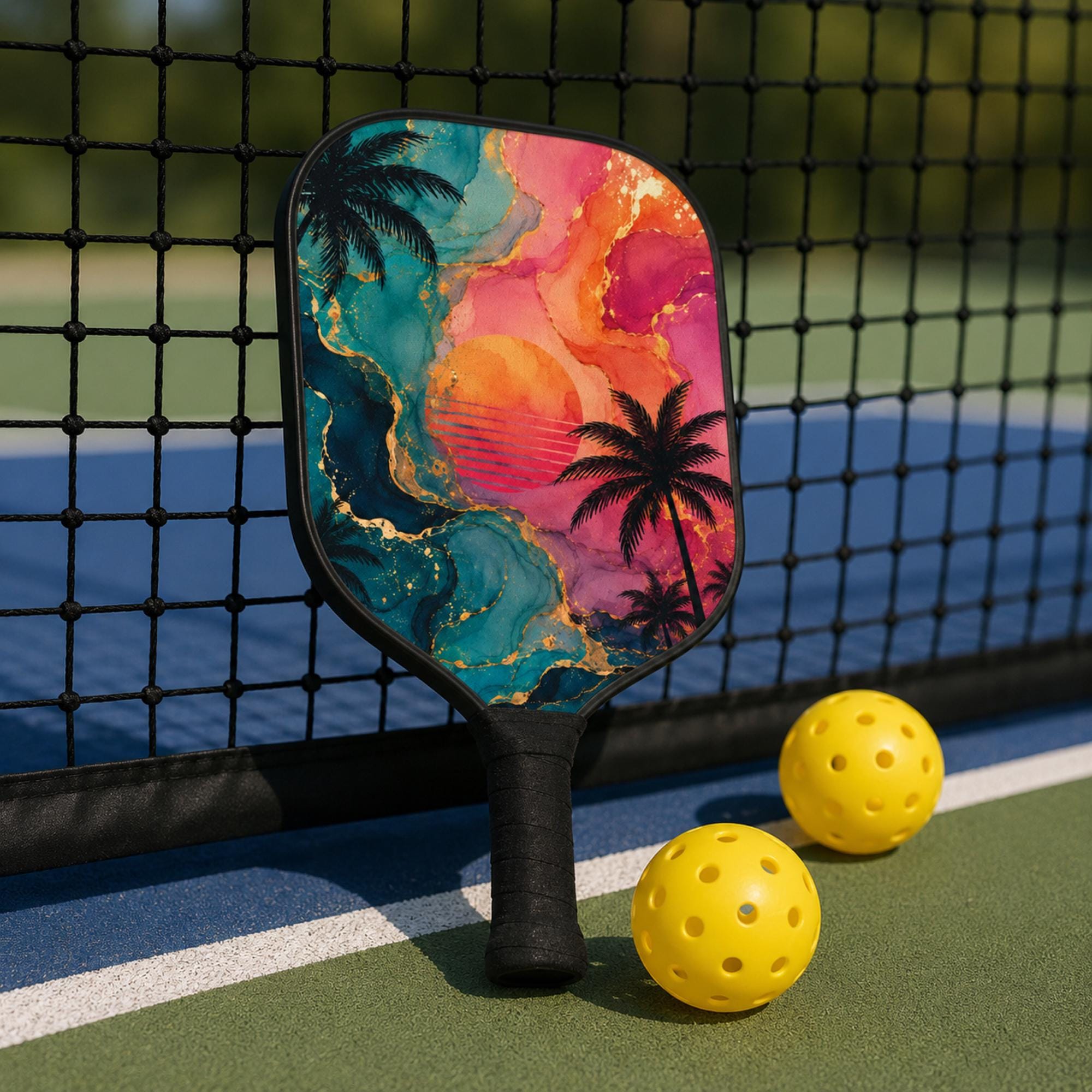 Tropical sunset pickleball paddle with colorful watercolor beach design and palm trees on outdoor court.