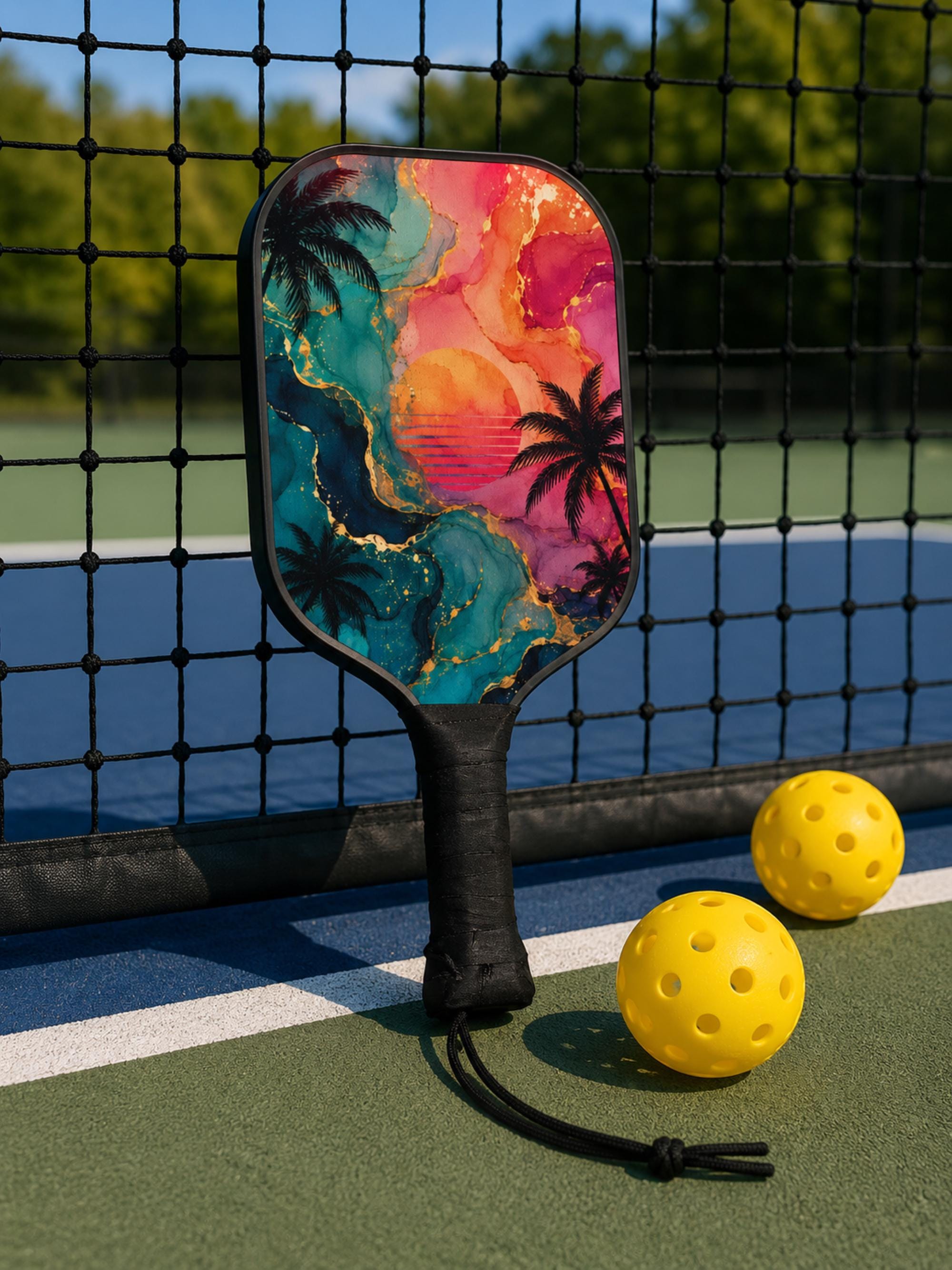 Vibrant tropical pickleball paddle featuring pink, teal, and gold sunset artwork with black palm trees.