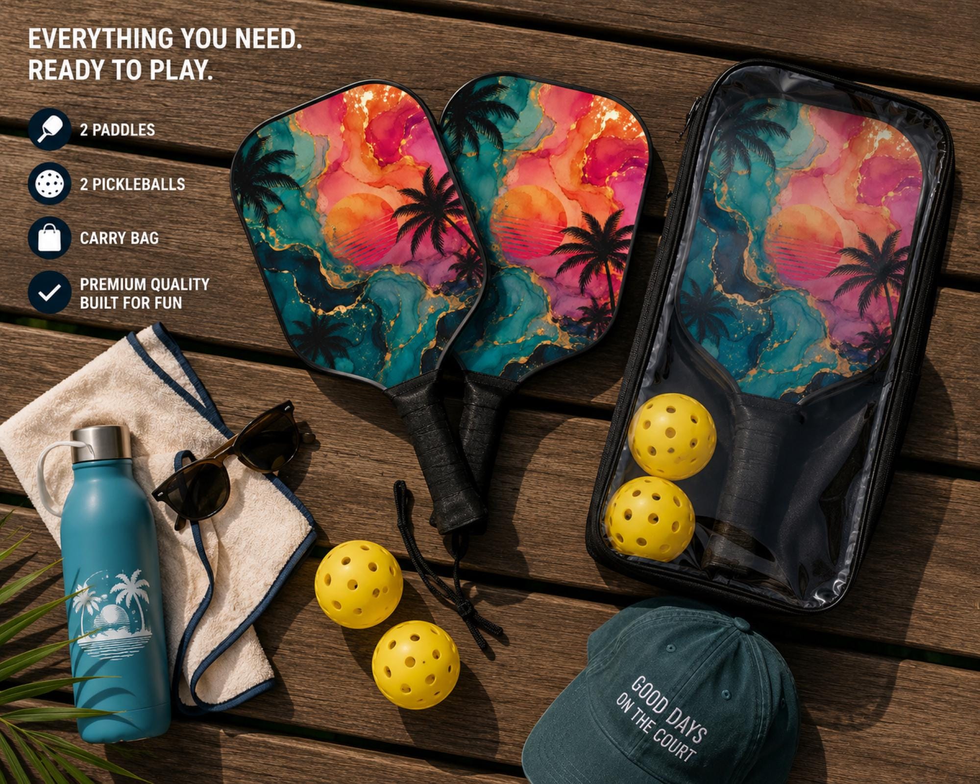 Colorful pickleball paddle inspired by ocean waves, palm trees, and a retro sunset on a pickleball court.