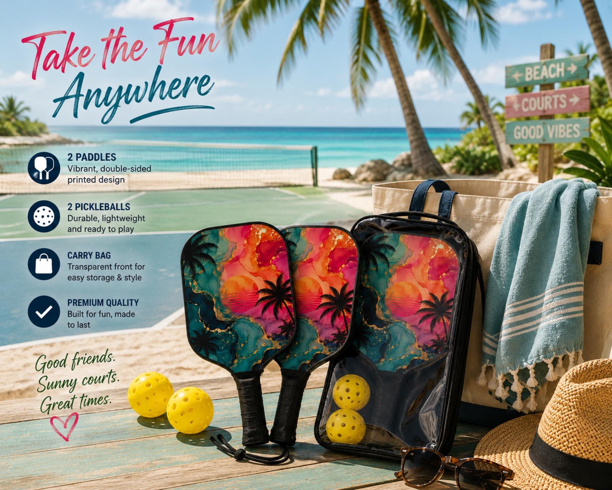 Premium pickleball paddle featuring tropical palm trees and vivid sunset artwork with yellow pickleballs.