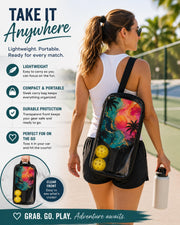 Tropical palm tree pickleball paddle with colorful abstract artwork ideal for outdoor recreation.