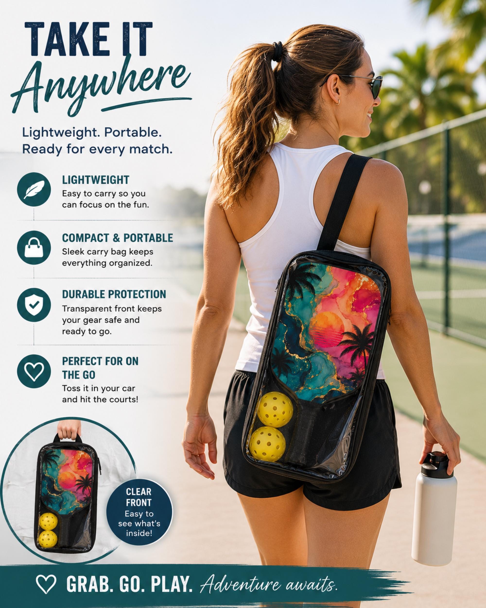 Tropical palm tree pickleball paddle with colorful abstract artwork ideal for outdoor recreation.