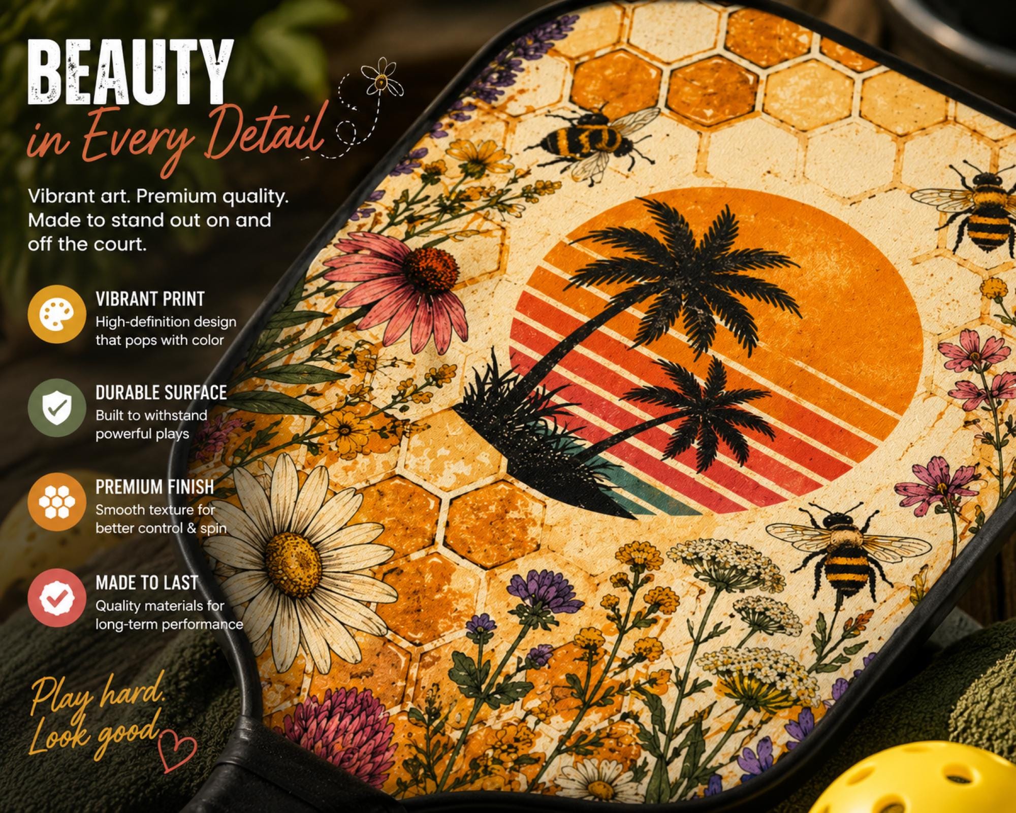 Premium pickleball paddle showcasing honeycomb pattern, daisies, bees, palm trees, and vibrant vintage sunset artwork.