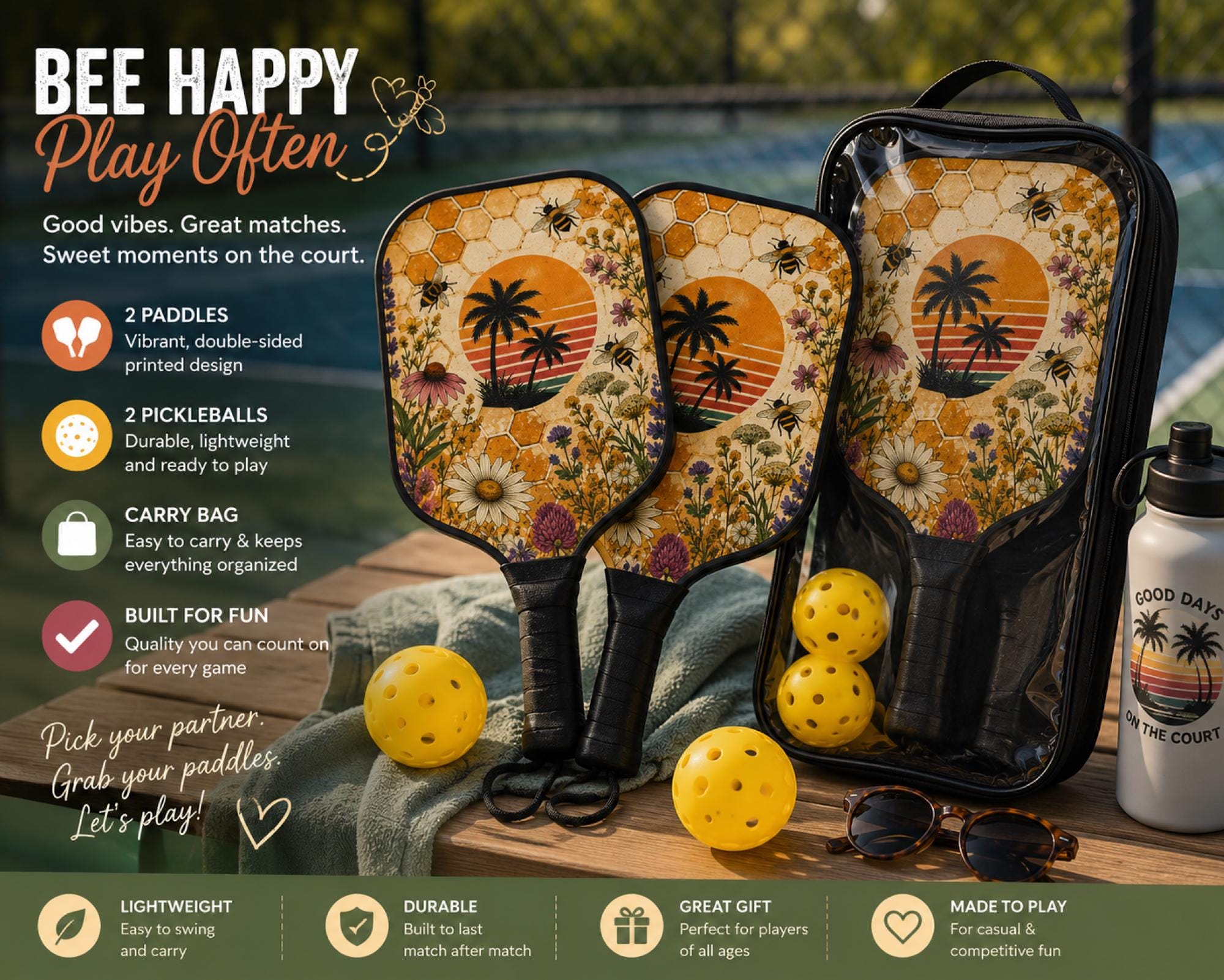 Honeybee themed pickleball paddle featuring colorful wildflowers, retro beach sunset, and premium printed artwork.