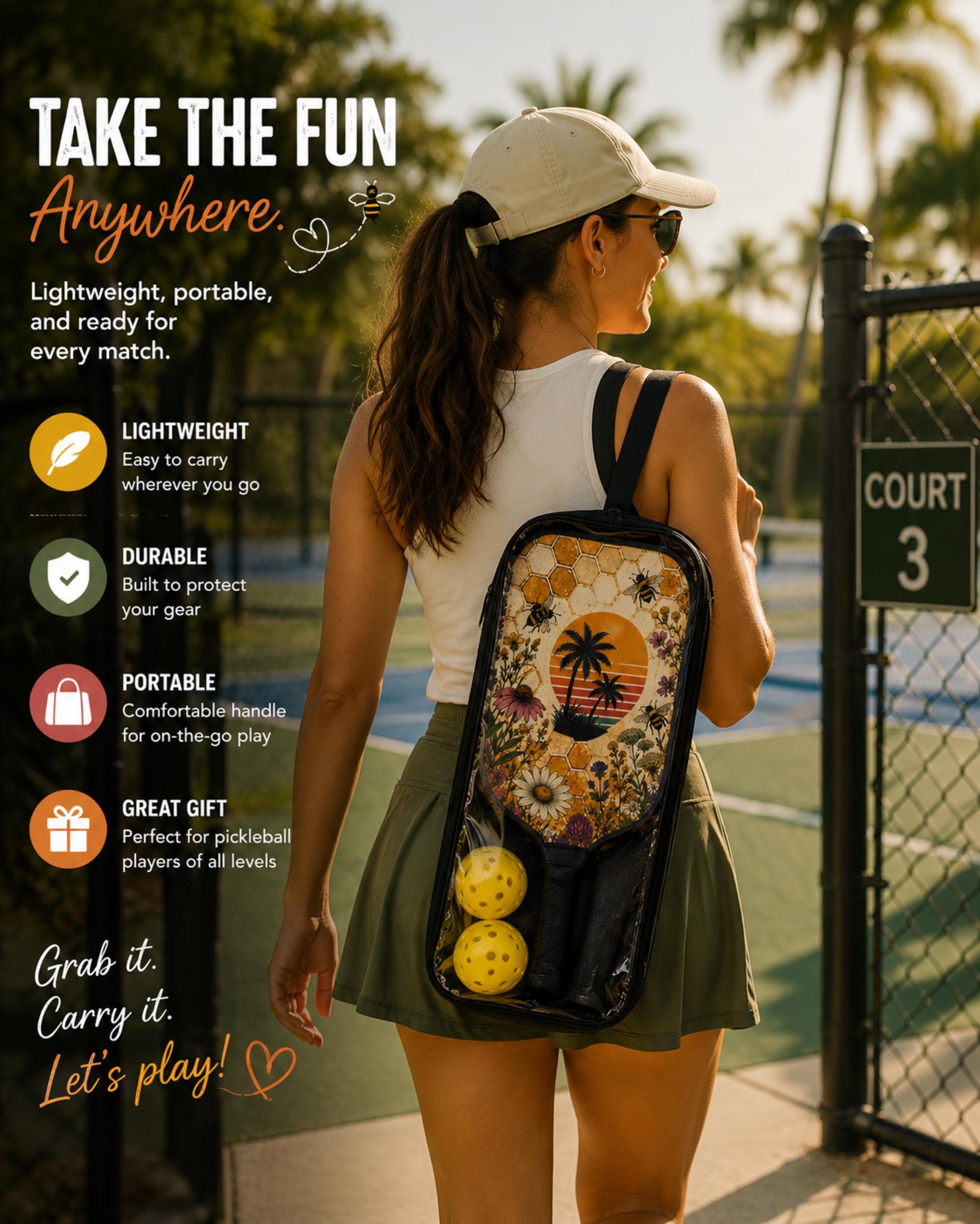 Vintage-inspired pickleball paddle with honeycomb background, blooming wildflowers, buzzing bees, and sunset beach scene.