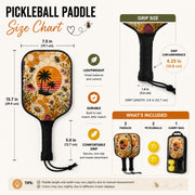 Gift-worthy pickleball paddle featuring bees, daisies, honeycomb, retro sunset, and tropical palm tree artwork for players of all skill levels.