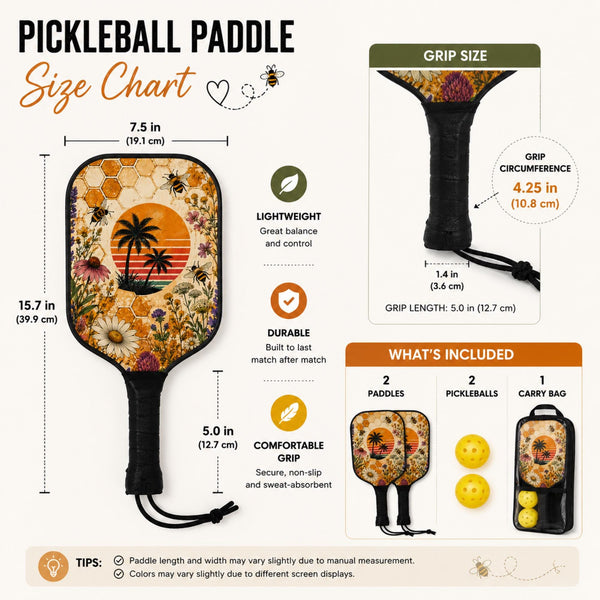 Gift-worthy pickleball paddle featuring bees, daisies, honeycomb, retro sunset, and tropical palm tree artwork for players of all skill levels.