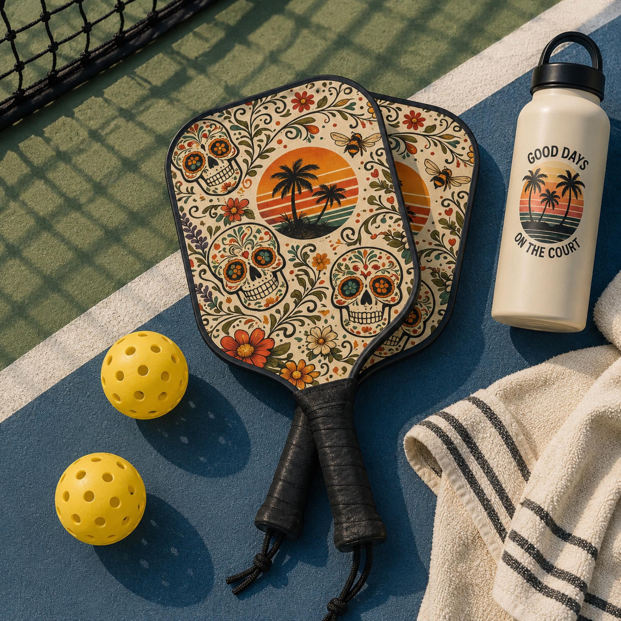 Sugar skull pickleball paddle set featuring colorful floral artwork, tropical palm tree sunset, and vintage-inspired design.