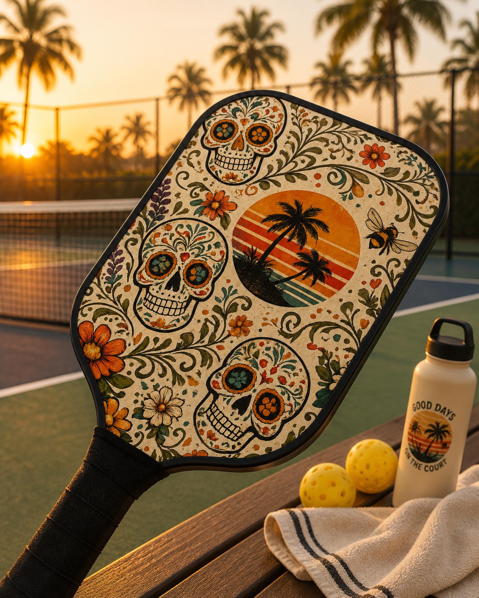 Decorative pickleball paddle set featuring floral sugar skulls and vintage tropical sunset artwork for outdoor play.