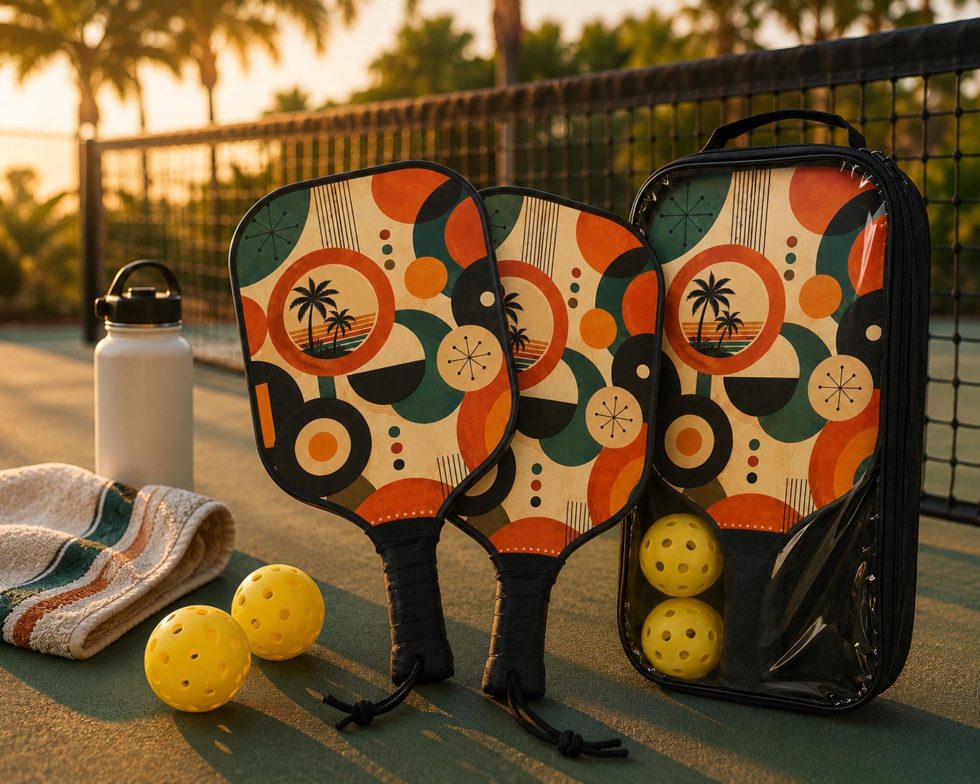 Retro tropical pickleball paddles with warm sunset colors and mid-century modern artwork perfect for beach lovers.