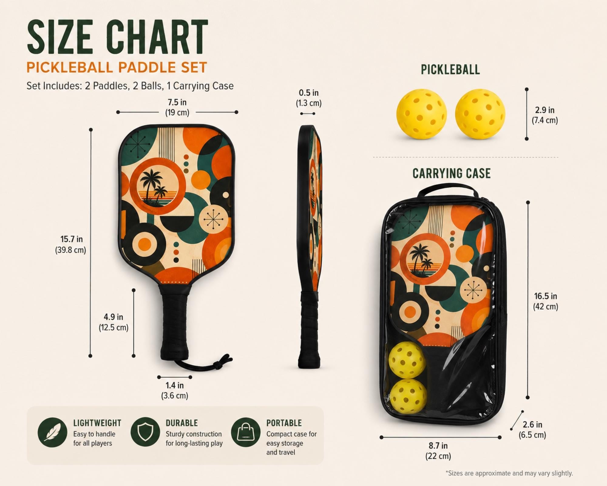 Size chart for a Premium pickleball paddle set featuring retro tropical design with bold geometric patterns and comfortable black grips.