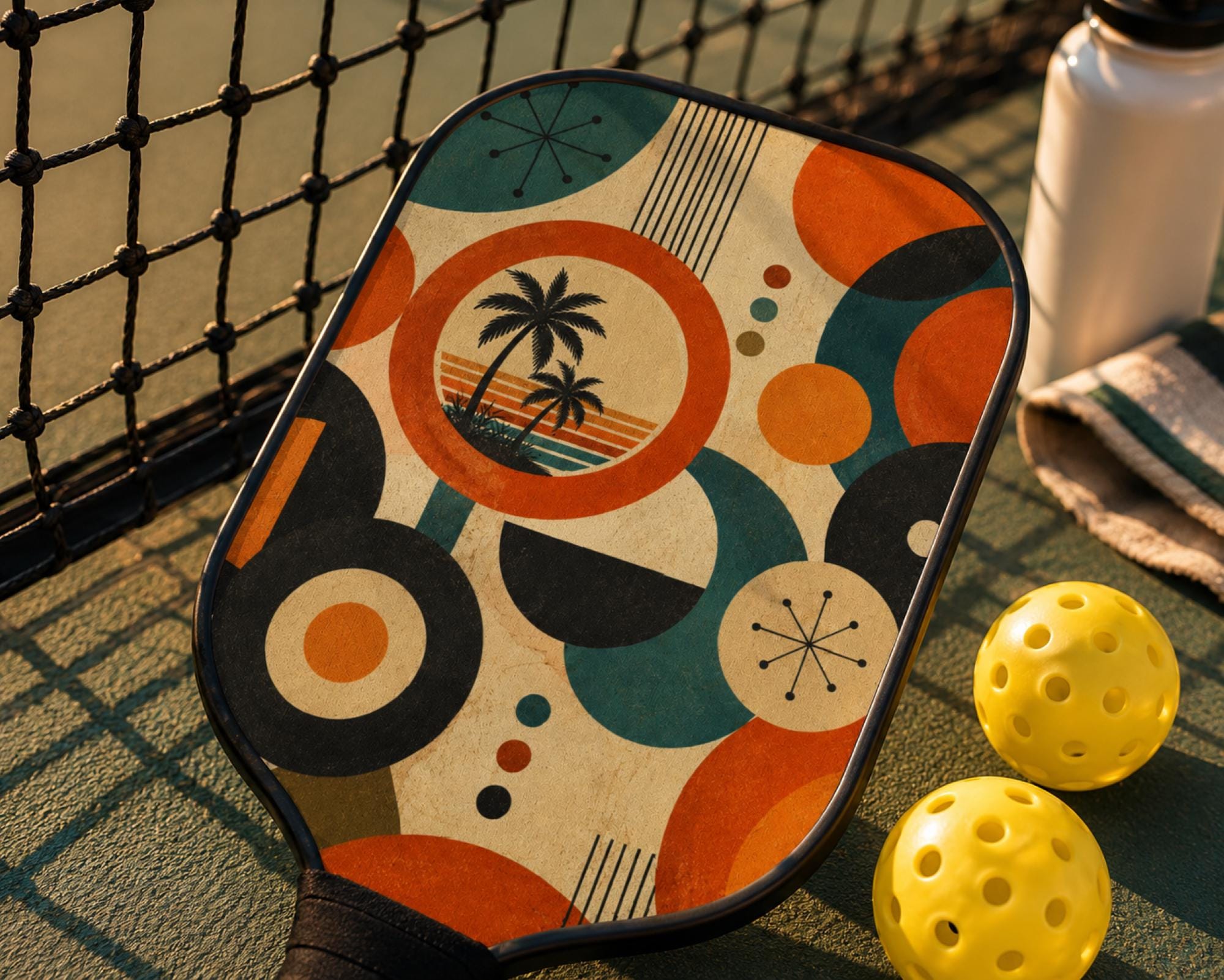 Vintage-inspired pickleball paddle set with bold orange, teal, cream, and black geometric artwork on a pickleball court.
