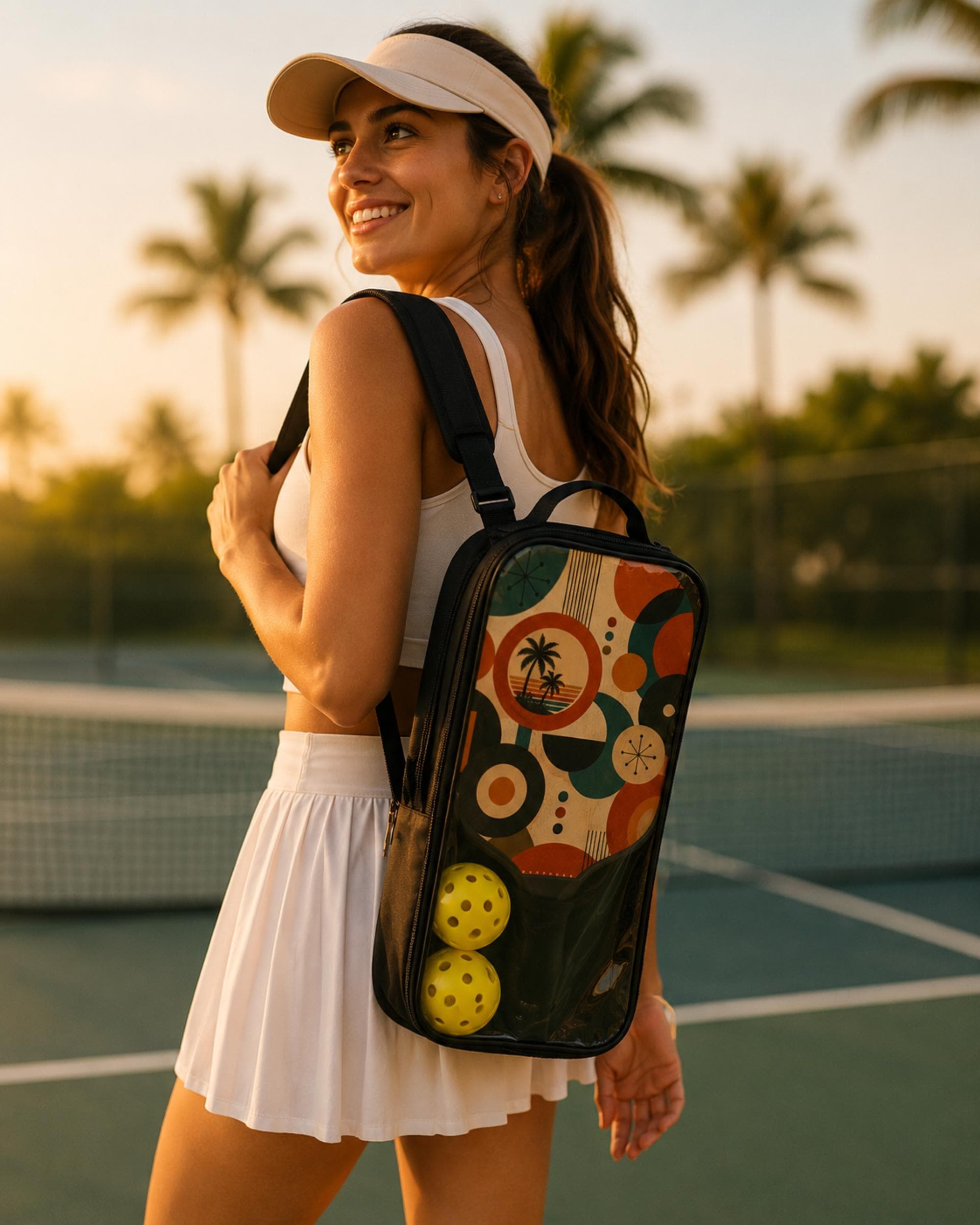 Stylish pickleball paddle set featuring palm tree sunset artwork and modern geometric shapes with yellow pickleballs.