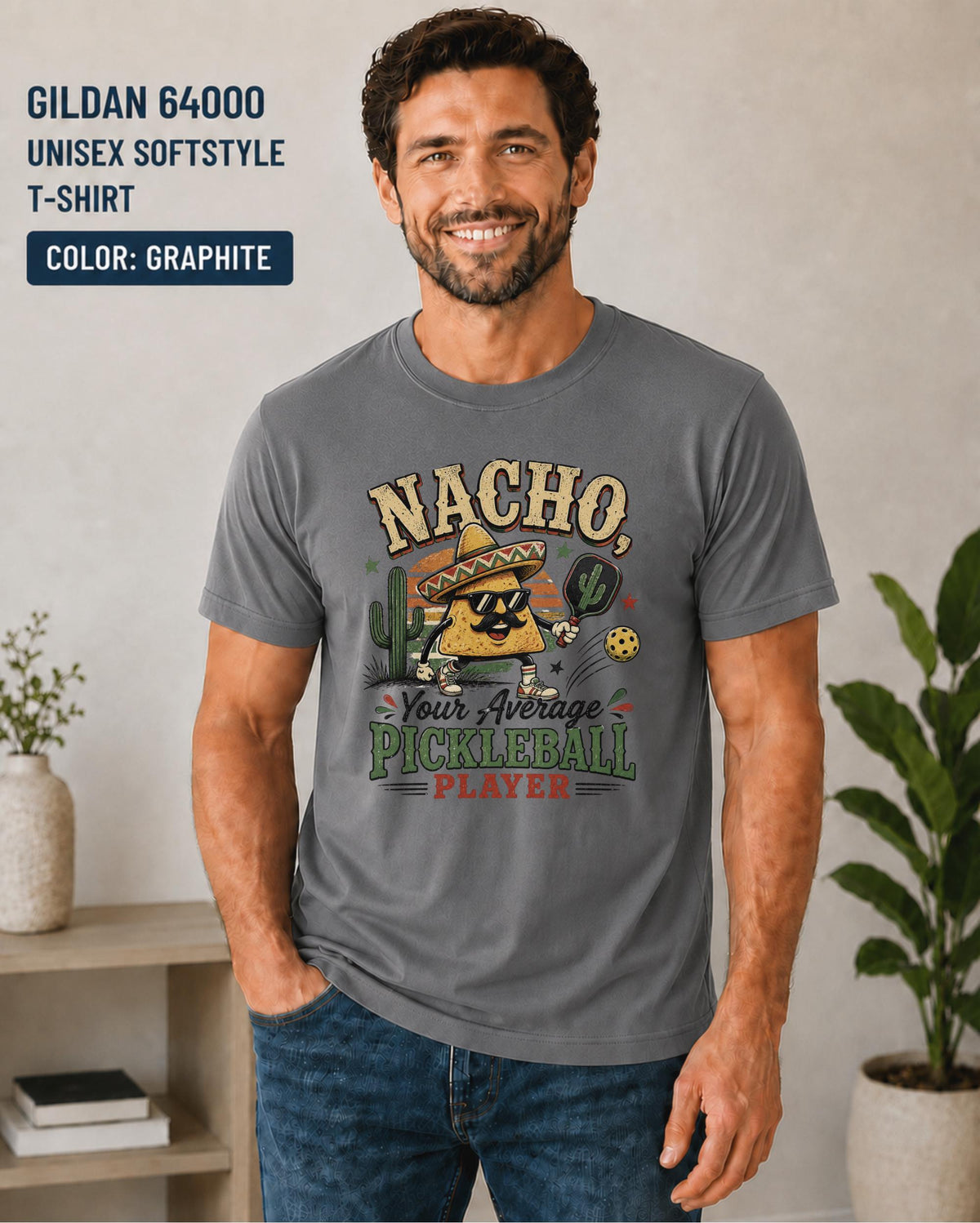 Funny "Nacho Your Average Pickleball Player" t-shirt featuring a cartoon nacho with sunglasses, sombrero, and pickleball paddle.