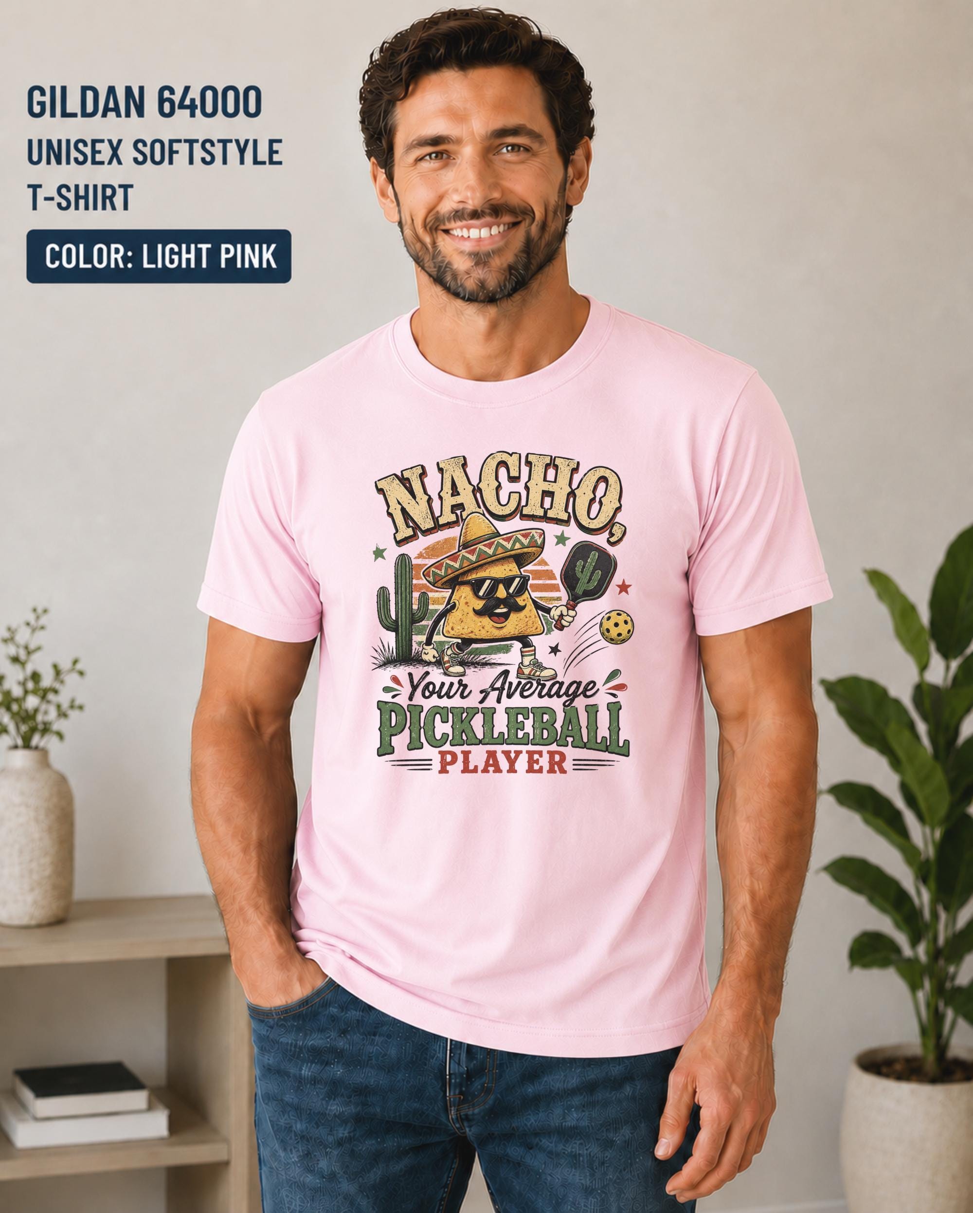 Humorous pickleball shirt for men featuring a taco-inspired nacho character serving up laughs on the court.
