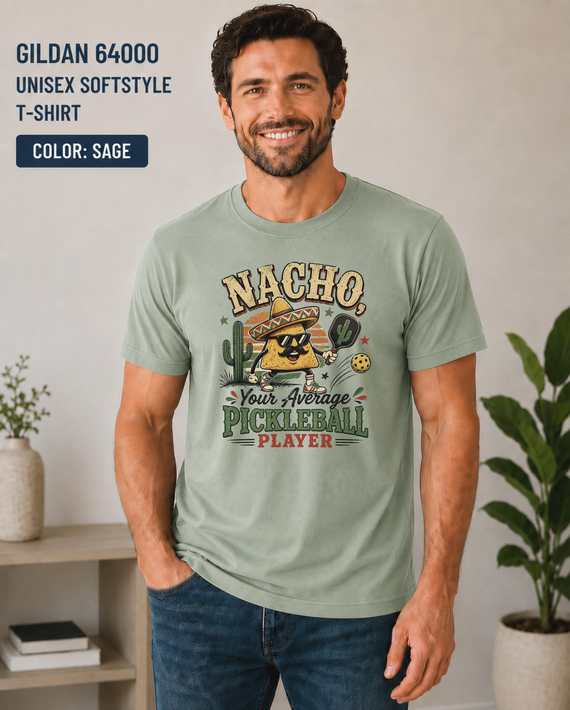 Funny sports t-shirt with pickleball nacho graphic, ideal gift for pickleball players, taco lovers, and Cinco de Mayo celebrations.