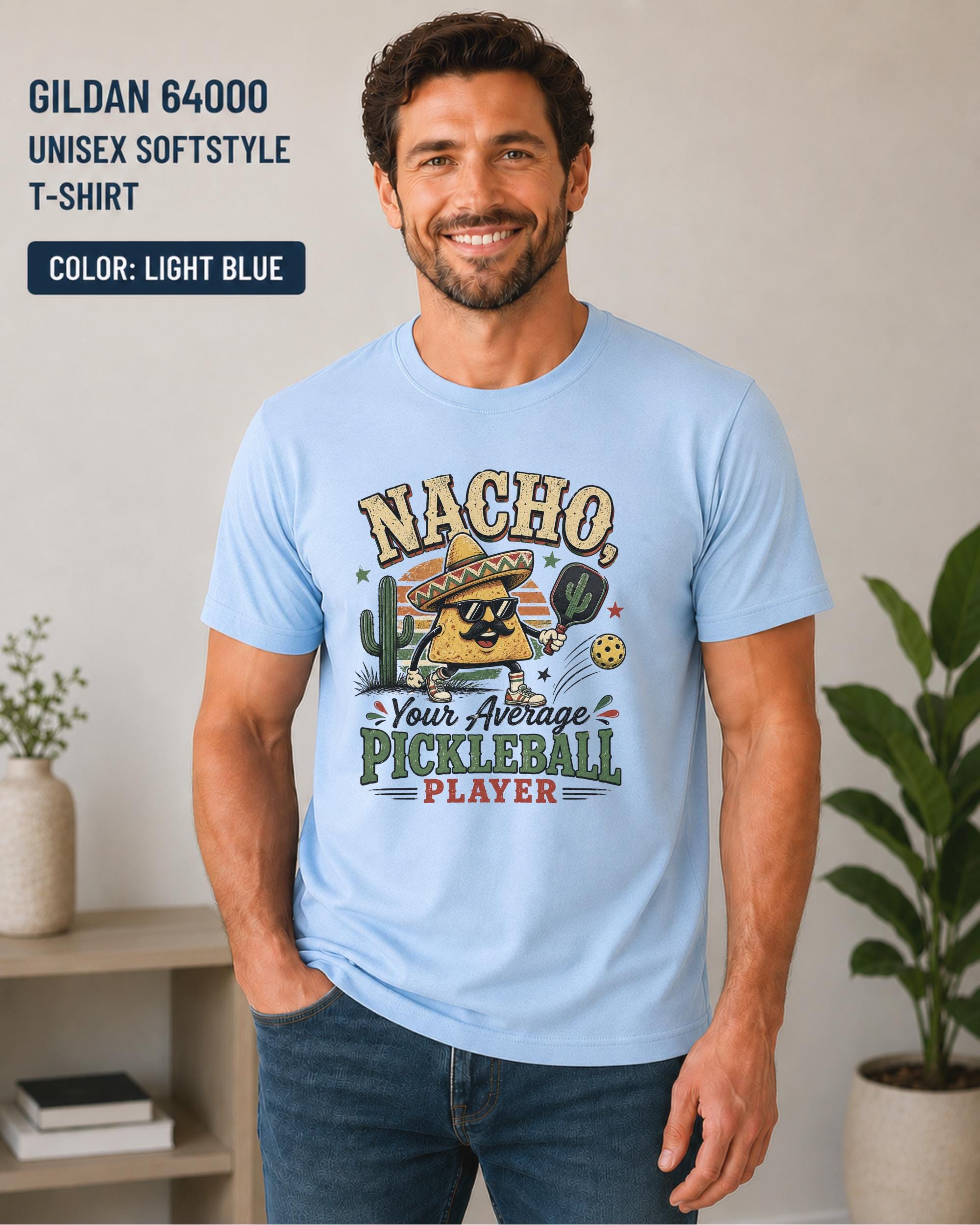 Gildan 64000 unisex light blue t-shirt with humorous nacho pickleball graphic for pickleball lovers and taco fans.