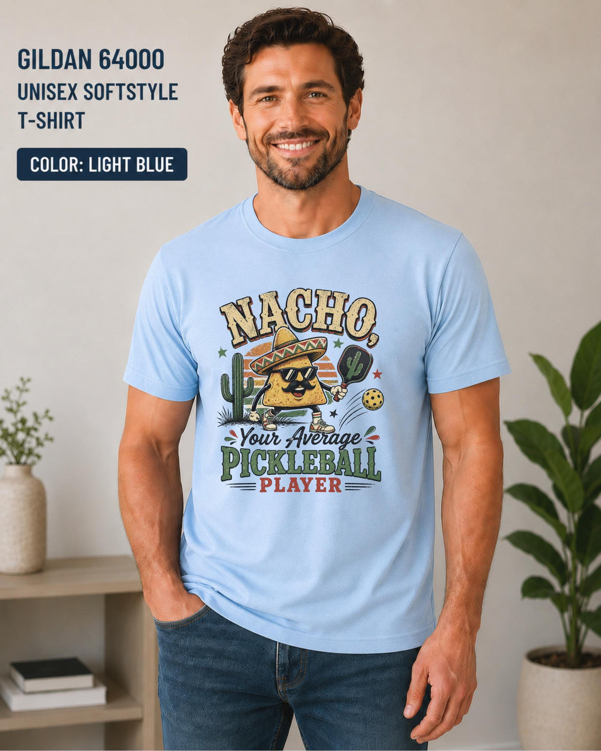 Gildan 64000 unisex light blue t-shirt with humorous nacho pickleball graphic for pickleball lovers and taco fans.