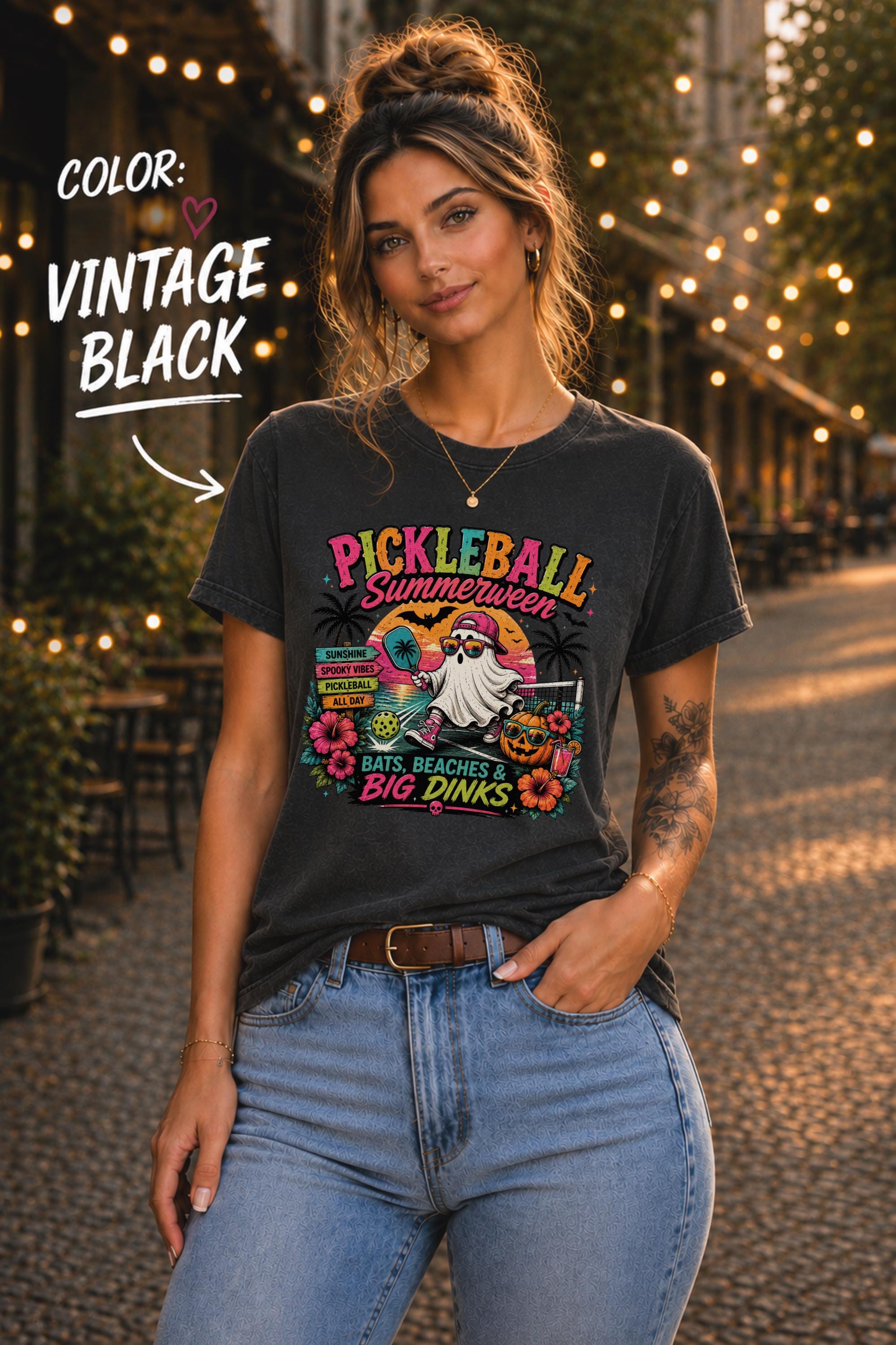 Pickleball lover gift shirt with playful Halloween beach design and colorful "Bats, Beaches & Big Dinks" typography.