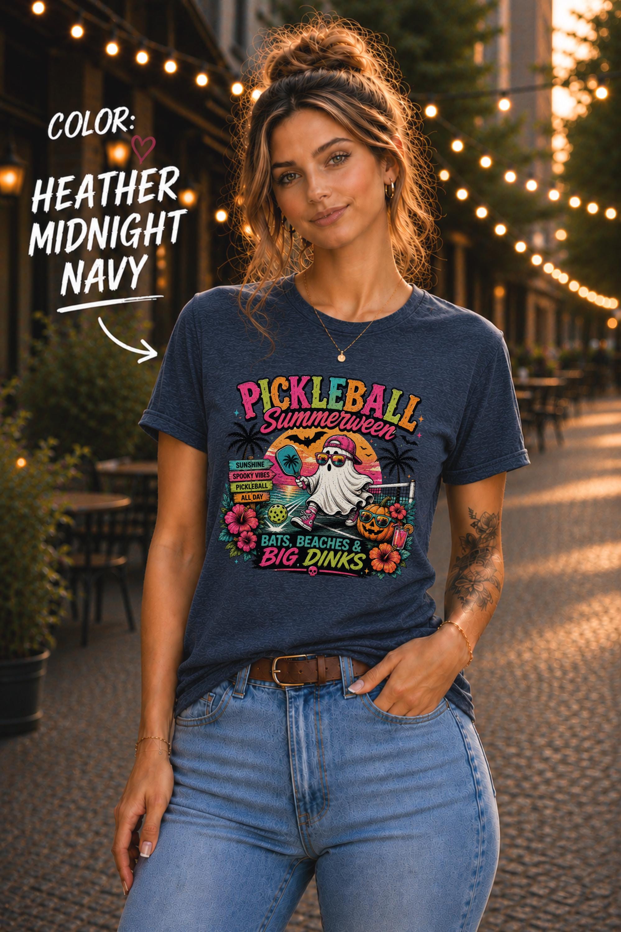 Halloween pickleball t-shirt featuring a ghost playing pickleball at the beach with tropical summer artwork.
