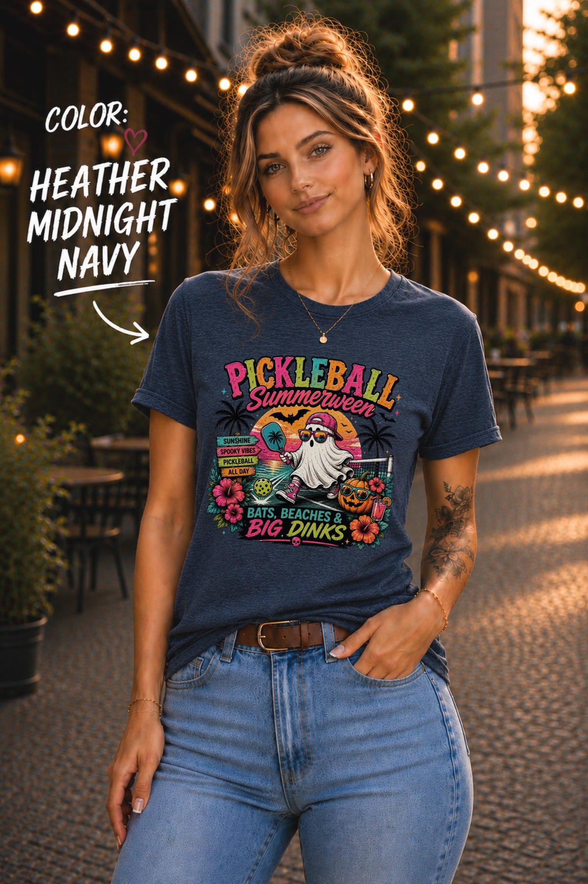 Halloween pickleball t-shirt featuring a ghost playing pickleball at the beach with tropical summer artwork.