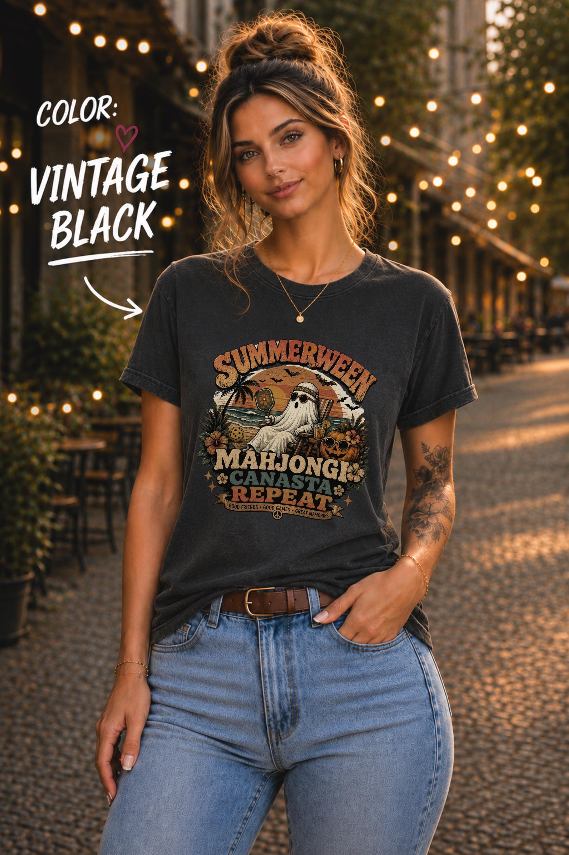 Vintage Black unisex t-shirt featuring colorful Summerween artwork perfect for Mahjong and Canasta players.
