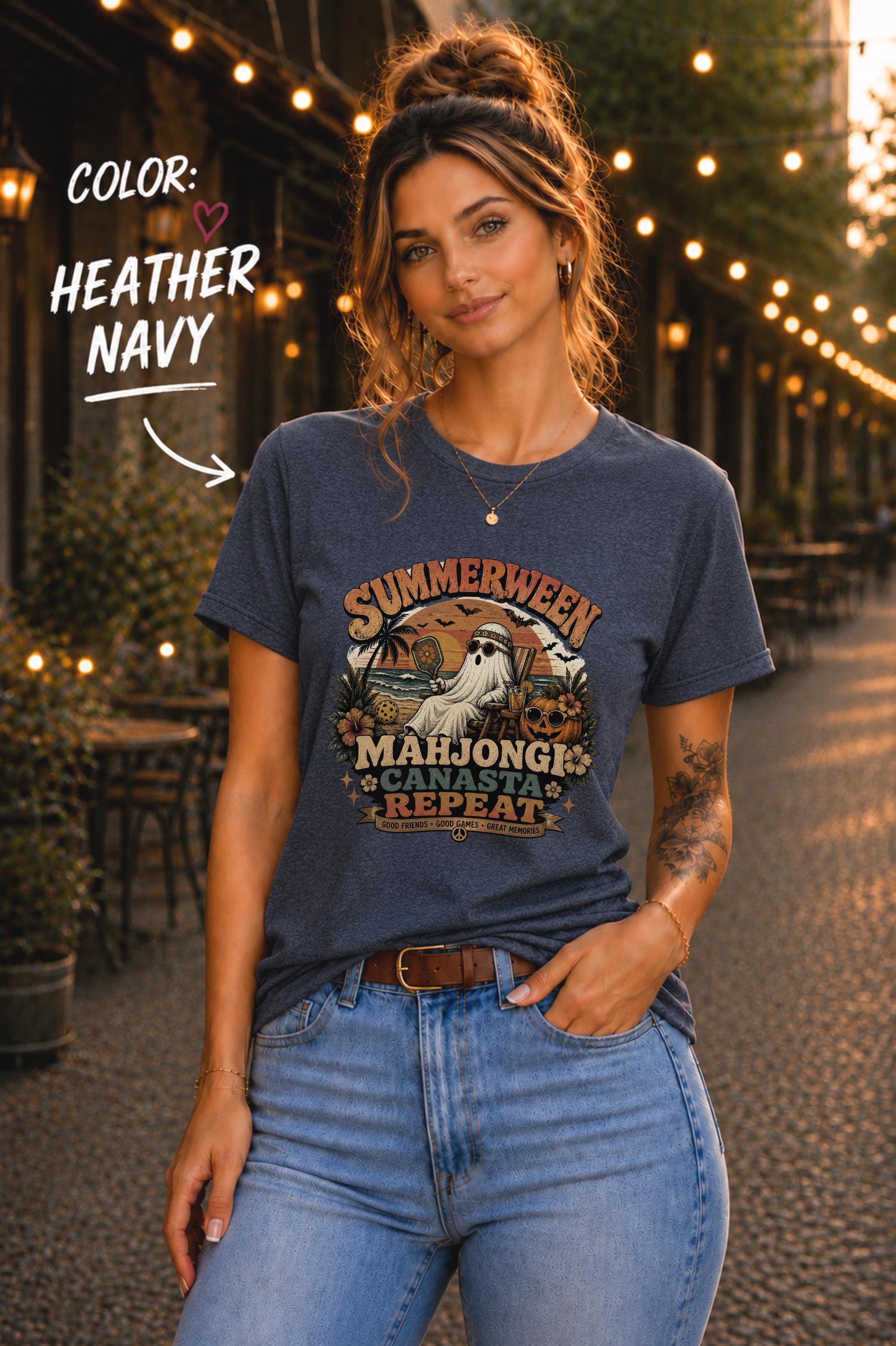 Halloween beach t-shirt featuring a ghost enjoying tropical vibes with Mahjong and Canasta inspired design.
