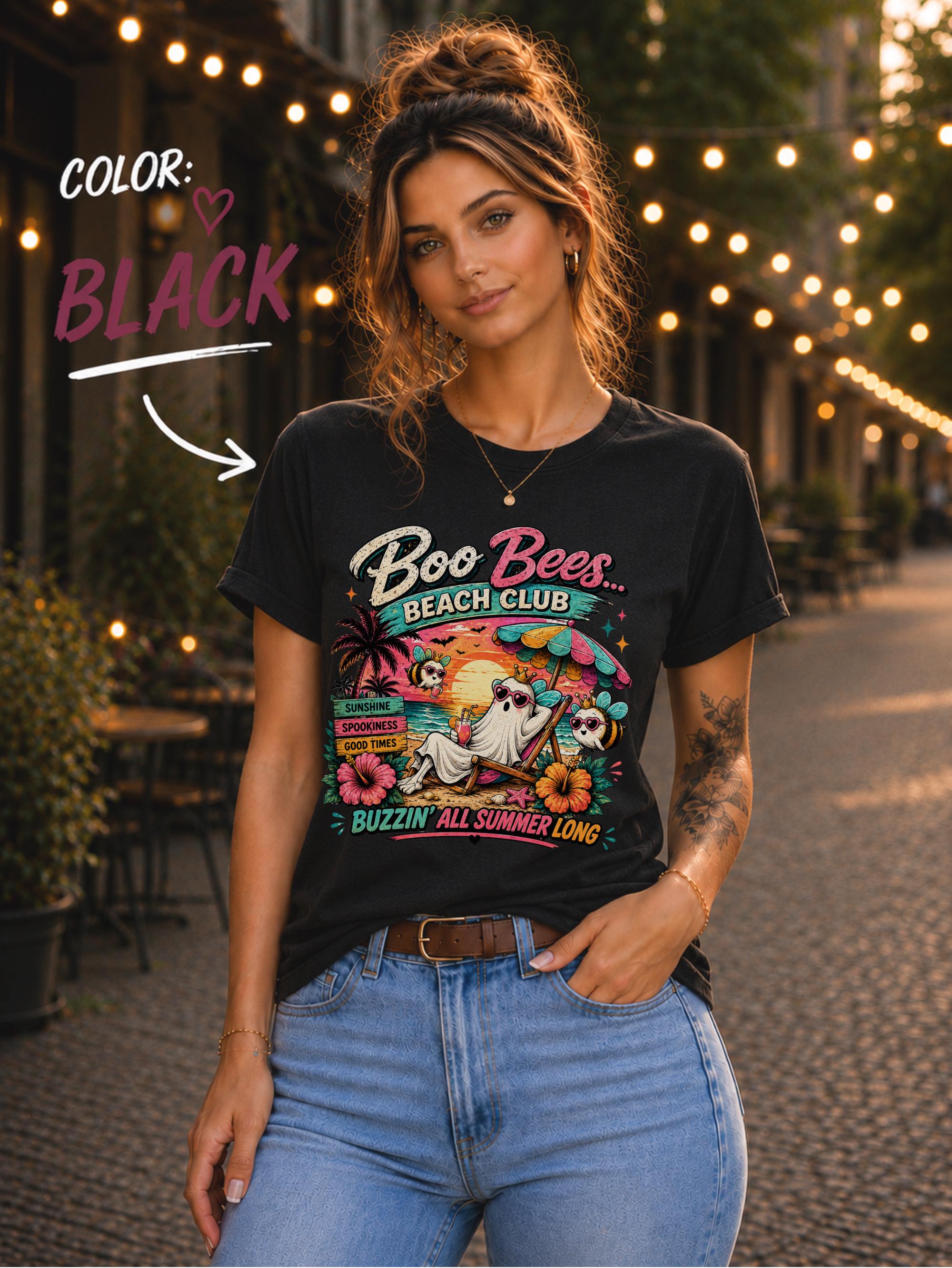 Funny spooky beach shirt for ghost lovers, bee enthusiasts, and anyone celebrating Halloween all year.