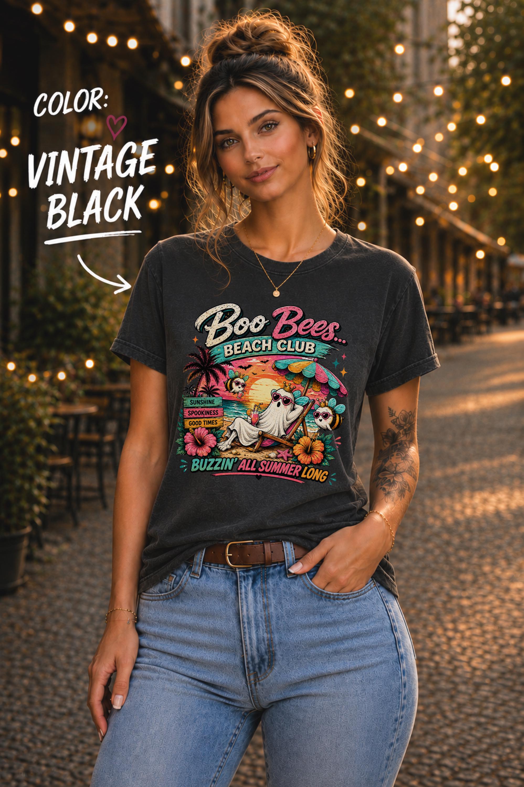 Halloween beach t-shirt featuring a relaxing ghost and buzzing bees with tropical vacation vibes.