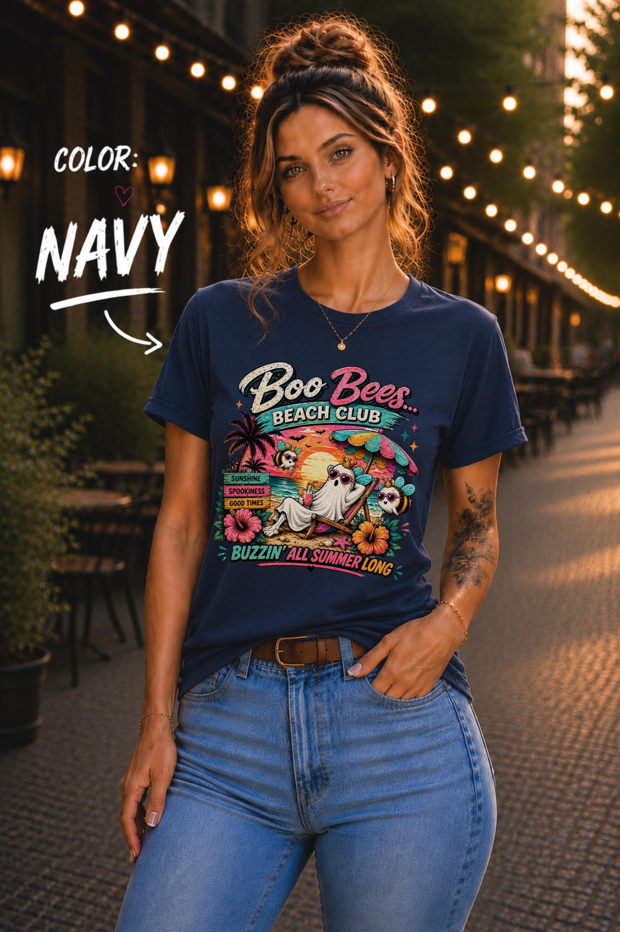 Funny Summerween shirt with cute ghost, bees, tropical flowers, beach umbrella, and colorful retro sunset design.