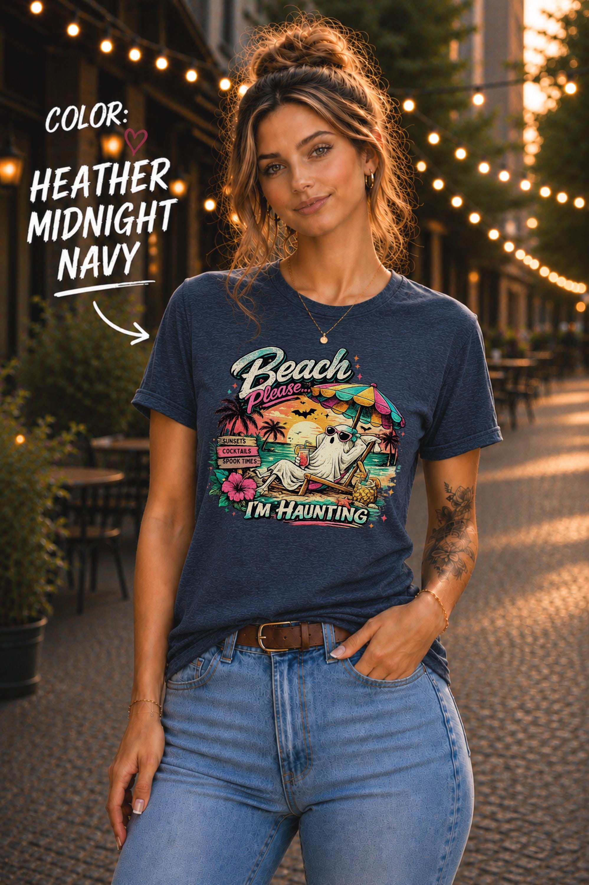 Bella+Canvas unisex graphic tee featuring a lounging ghost enjoying cocktails, sunsets, and spooky beach days.